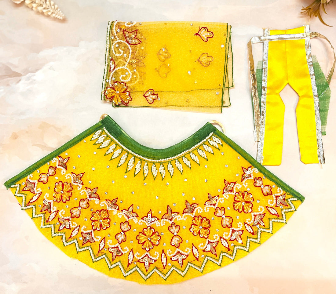 Handmade Luxe Yellow Pearl Lehenga Set for Laddu Gopal - Designer Choli & Dupatta | Perfect Kanha Ji Poshak for Janmashtami & Festivals