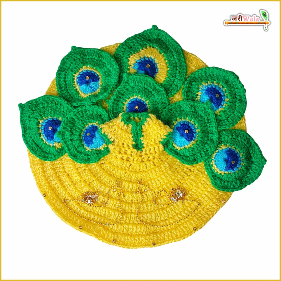 Handmade Woolen Fancy Morpankh Poshak in Yellow & Green for Laddu Gopal | Designer Kanha Ji Dress for Janmashtami & Festivals