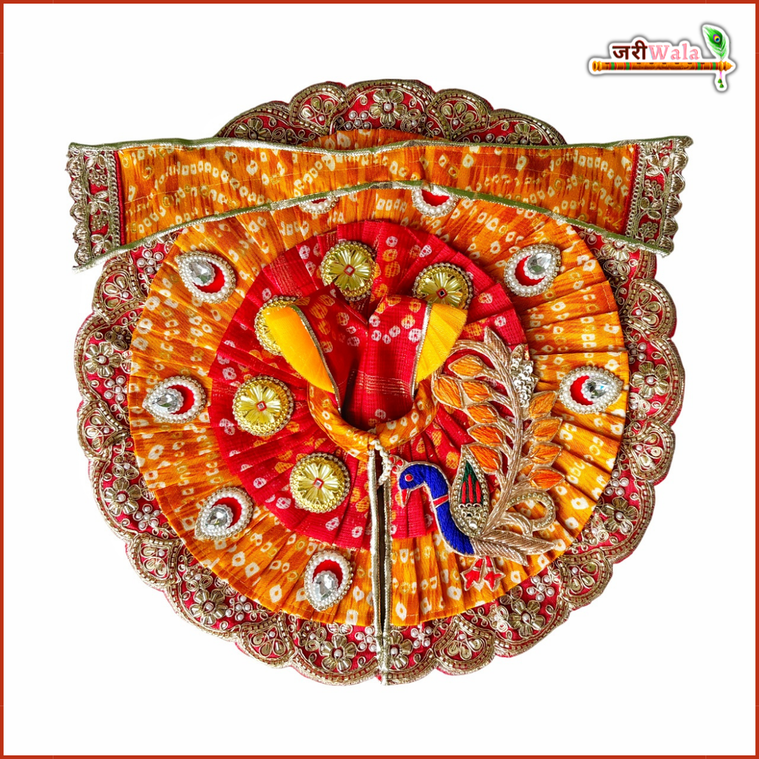 Handmade Multicolor Cotton Frill Bandhej Poshak for Laddu Gopal | Designer Kanha Ji Dress with Moti Cutdana Work | Perfect for Janmashtami Celebrations