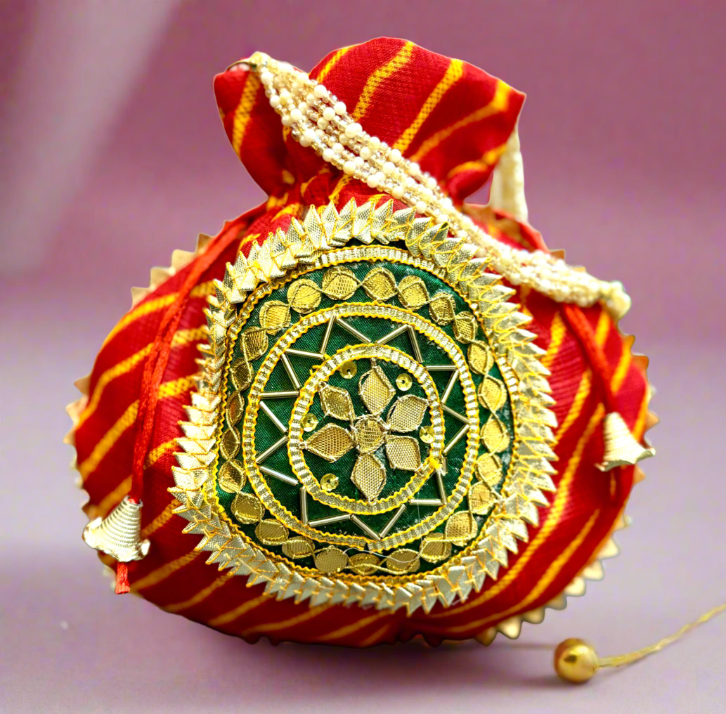 Handmade Red Kota Doriya Potli with Pearl Handle - Designer Laddu Gopal Dress, Kanha Ji Poshak, Bal Gopal Dress for Janmashtami Festival