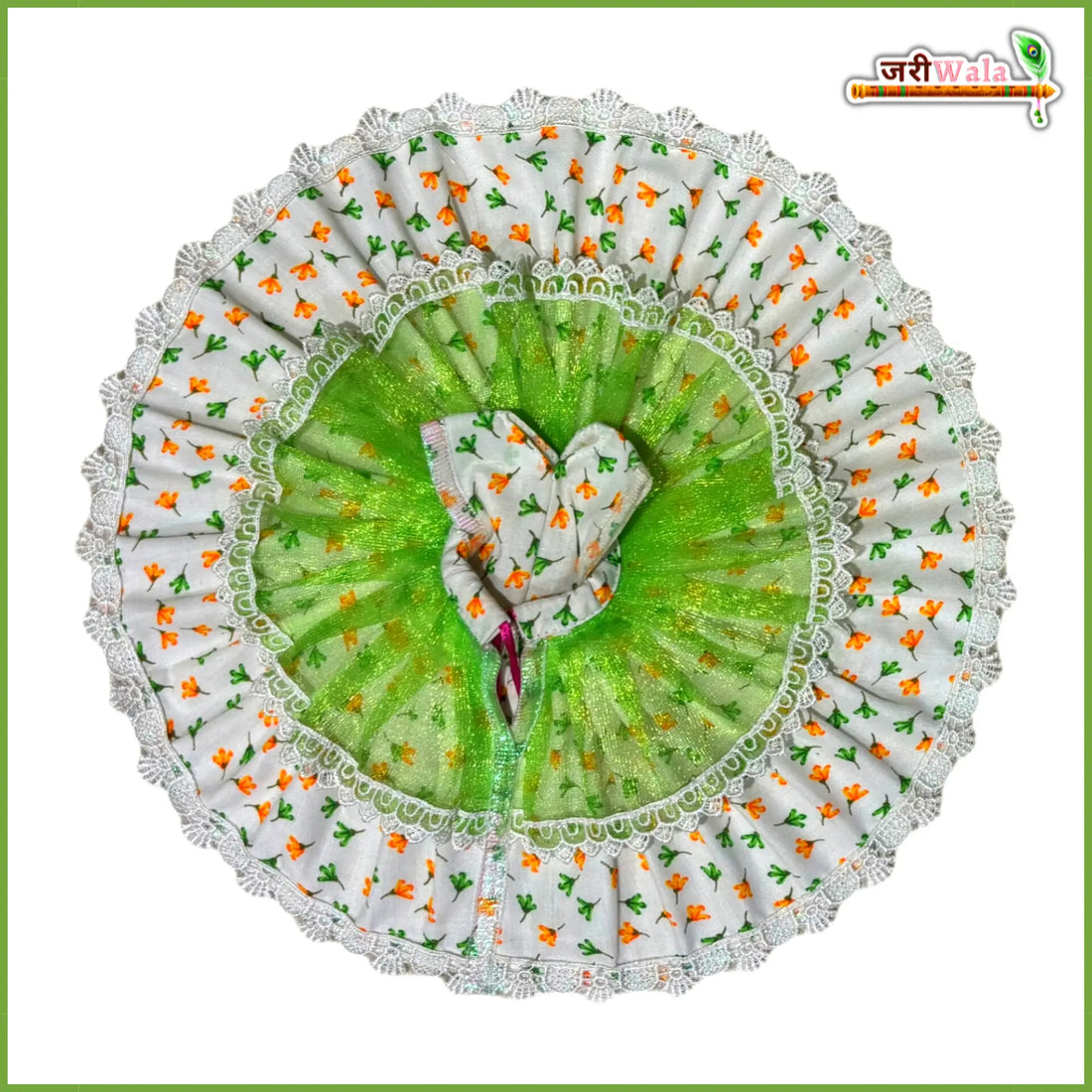 Handmade Blended Floral Print White & Green Laddu Gopal Poshak - Designer Kanha Ji Dress for Janmashtami, Fancy Bal Gopal Dress, Krishna Ji Poshak