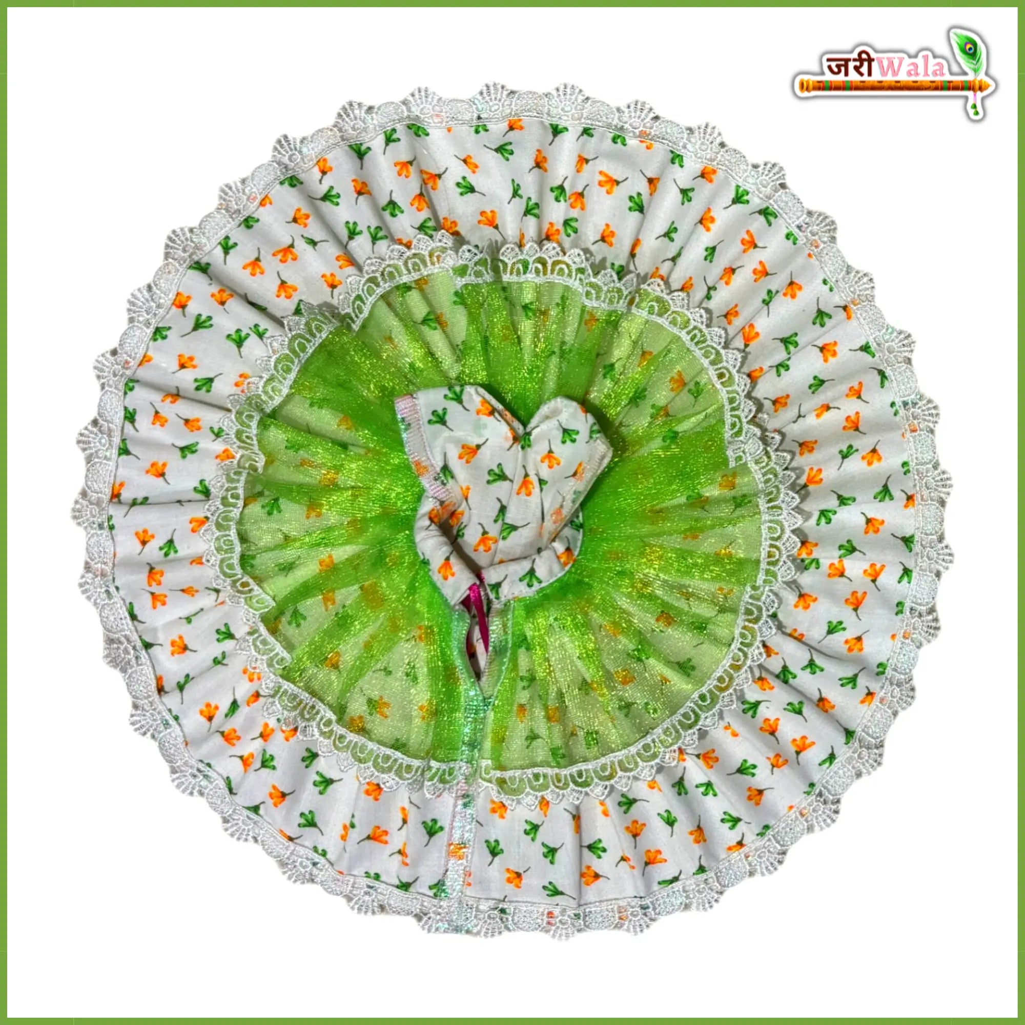 Handmade Blended Floral Print White & Green Laddu Gopal Poshak - Designer Kanha Ji Dress for Janmashtami, Fancy Bal Gopal Dress, Krishna Ji Poshak