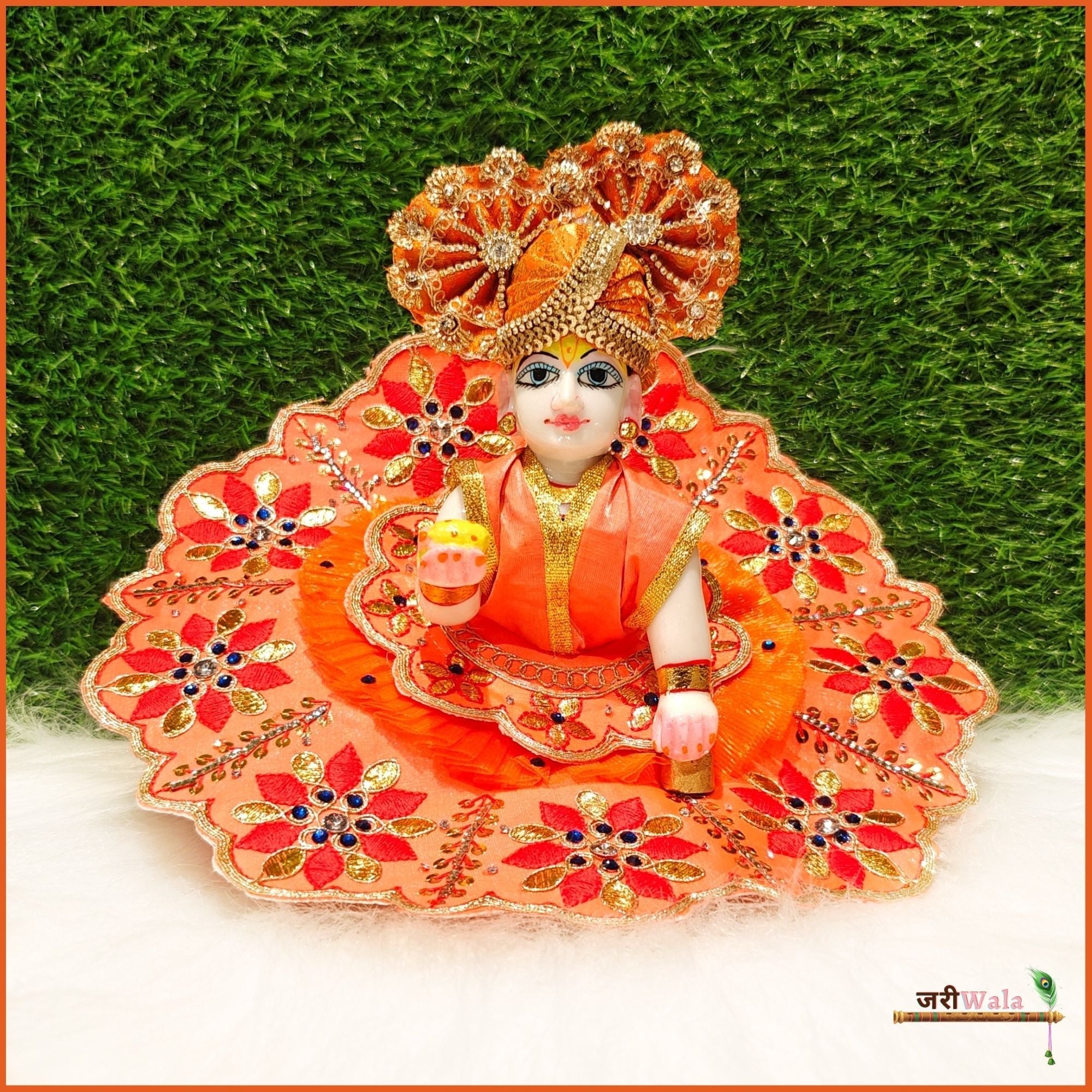 Handmade Orange Laddu Gopal Dress with Blended Net Thread Sitara Work | Designer Kanha Ji Poshak for Janmashtami | Fancy Bal Gopal Dress
