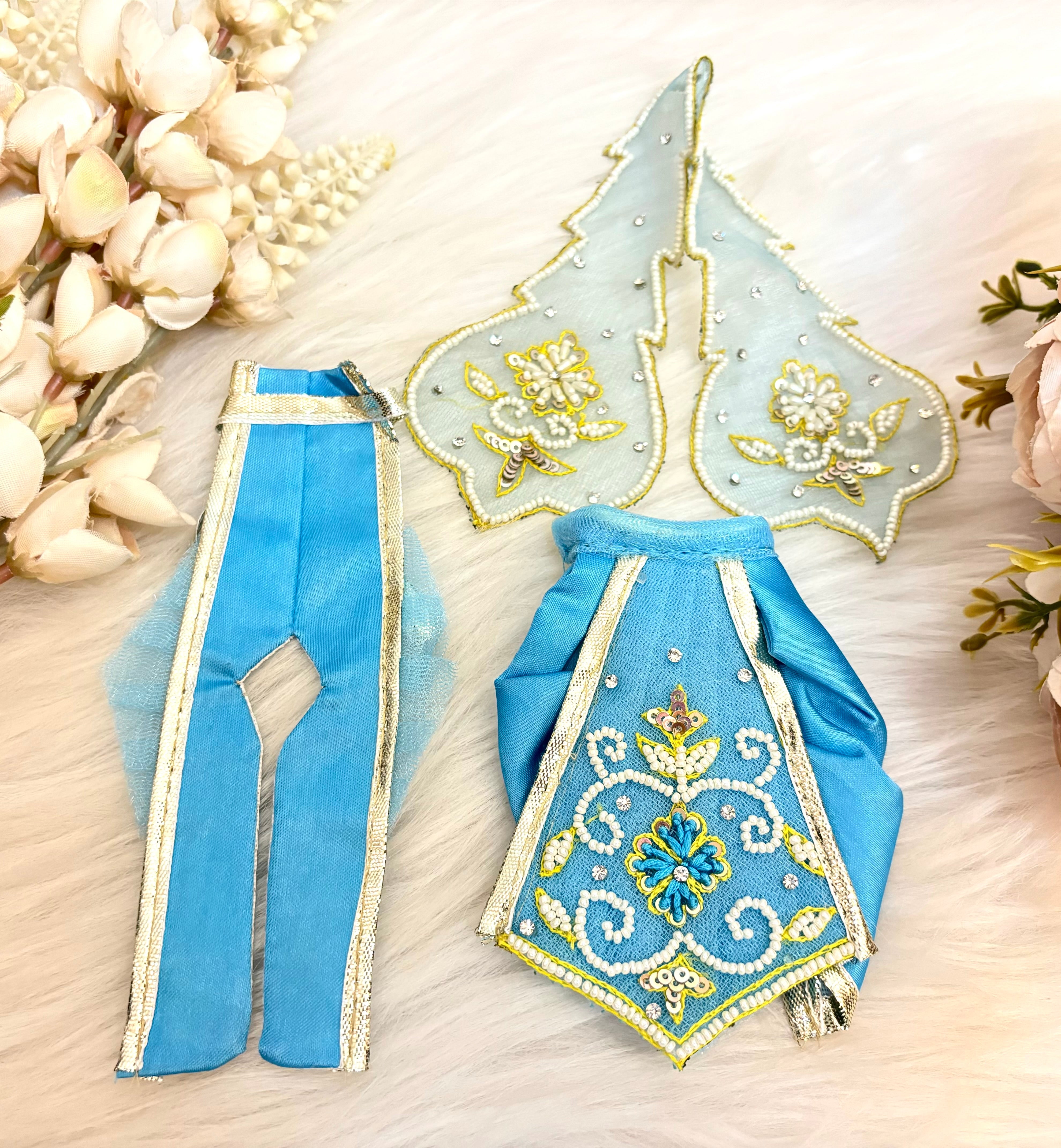 Handmade Sky Blue Pearl Lehenga & Dhoti Set - 6 Piece Designer Laddu Gopal Dress for Janmashtami | Kanha Ji Poshak & Bal Gopal Dress
