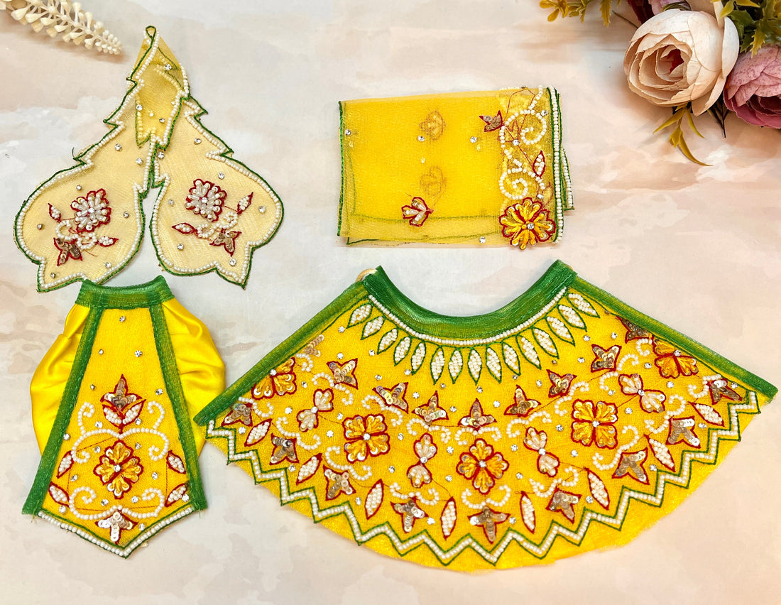 Handmade Yellow Pearl Lehenga & Dhoti Set for Laddu Gopal | Designer Kanha Ji Poshak | Fancy Bal Gopal Dress for Janmashtami - 6 Piece Set