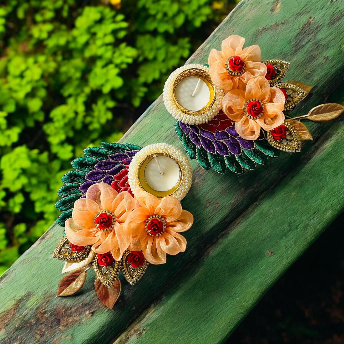 Handmade Premium Peacock Tealight Holders (Set of 2) with 2 Free Wax Candles - Perfect for Janmashtami, Laddu Gopal Dress, Kanha Ji Poshak & Bal Gopal Decor
