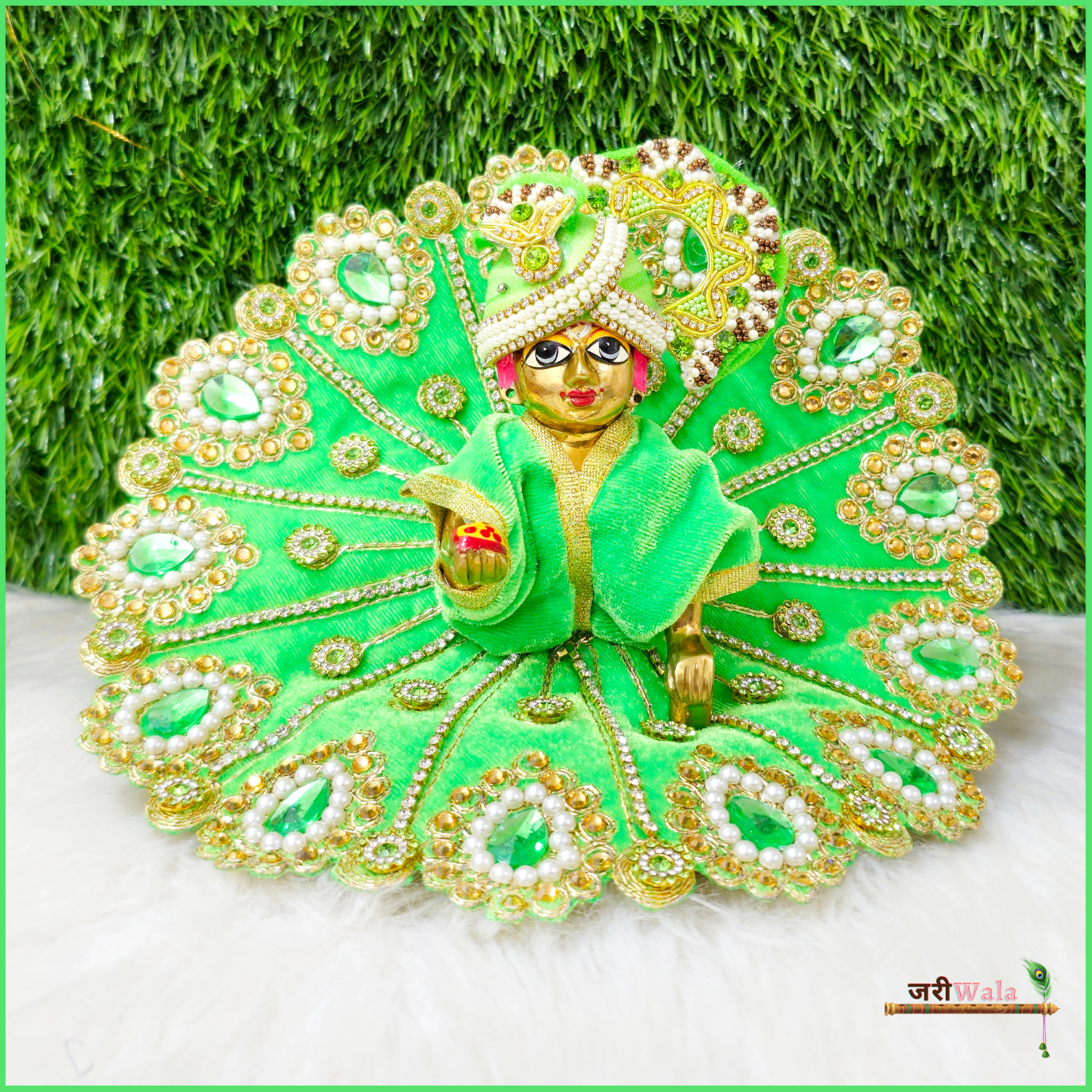 Handmade Designer Green Laddu Gopal Dress with Stone Work | Fancy Kanha Ji Poshak for Janmashtami & Festivals | Bal Gopal & Krishna Ji Dress