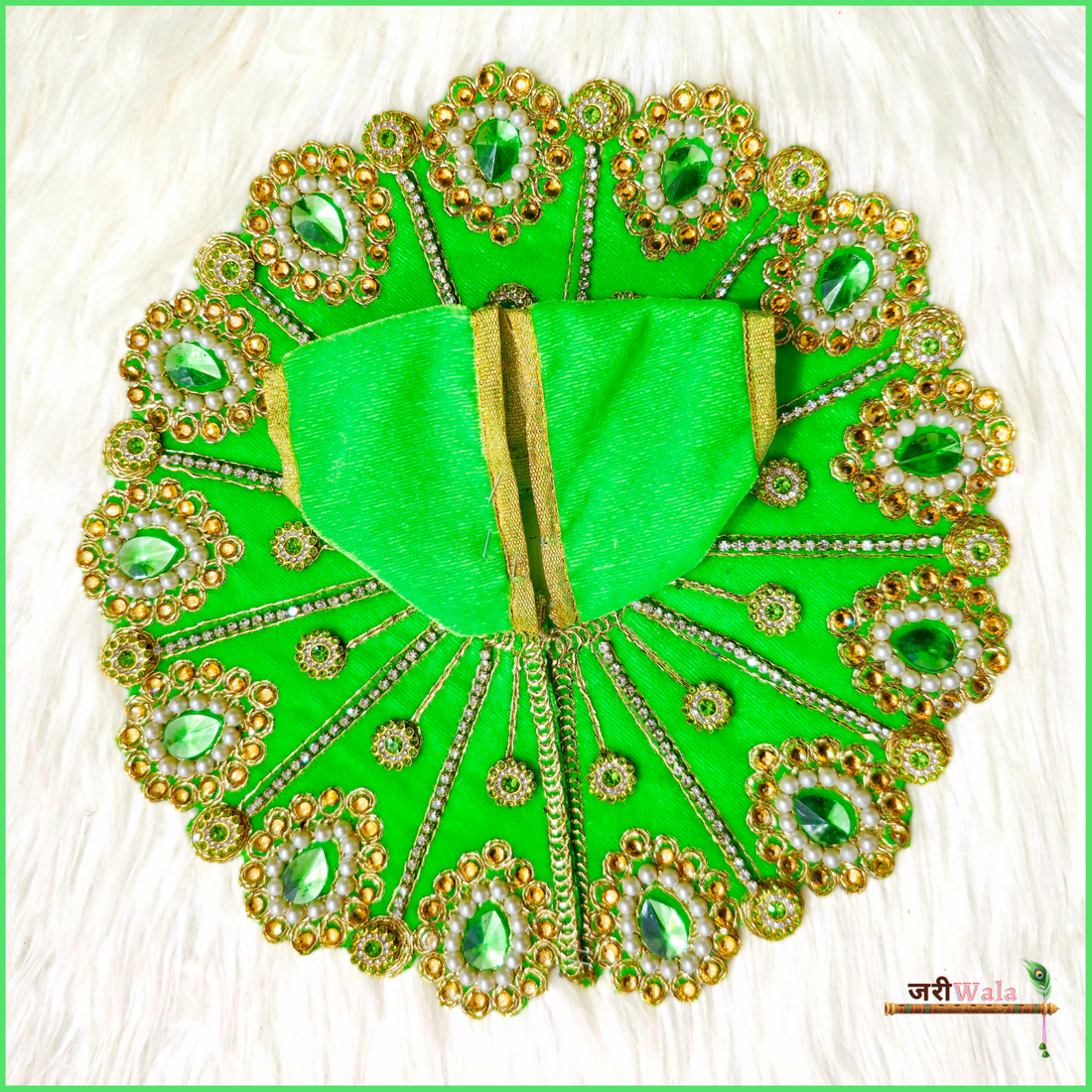 Handmade Shaneel Moti Stone Work Green Laddu Gopal Dress | Designer Kanha Ji Poshak for Janmashtami | Fancy Bal Gopal & Krishna Ji Dress