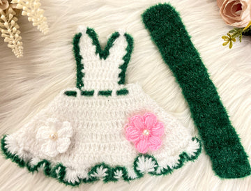 Handmade Green & Pink Flower Woollen Lehenga, Choli & Patka - Designer Laddu Gopal Dress for Janmashtami, Kanha Ji Poshak, Bal Gopal Fancy Dress
