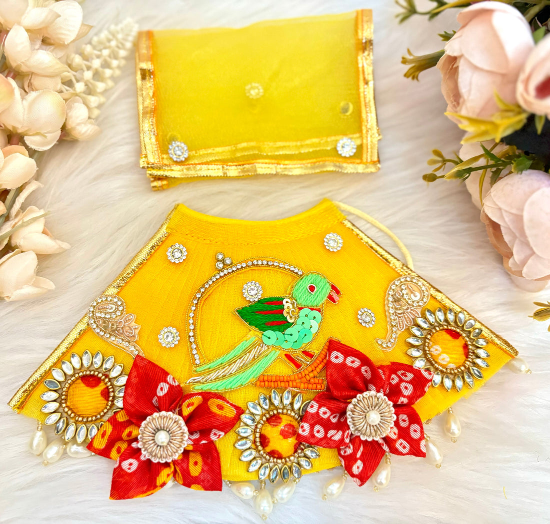 Handmade Yellow Parrot Lehenga & Dhoti Set for Laddu Gopal | Designer Kanha Ji Poshak | Fancy Bal Gopal Dress for Janmashtami - 6 Piece Set