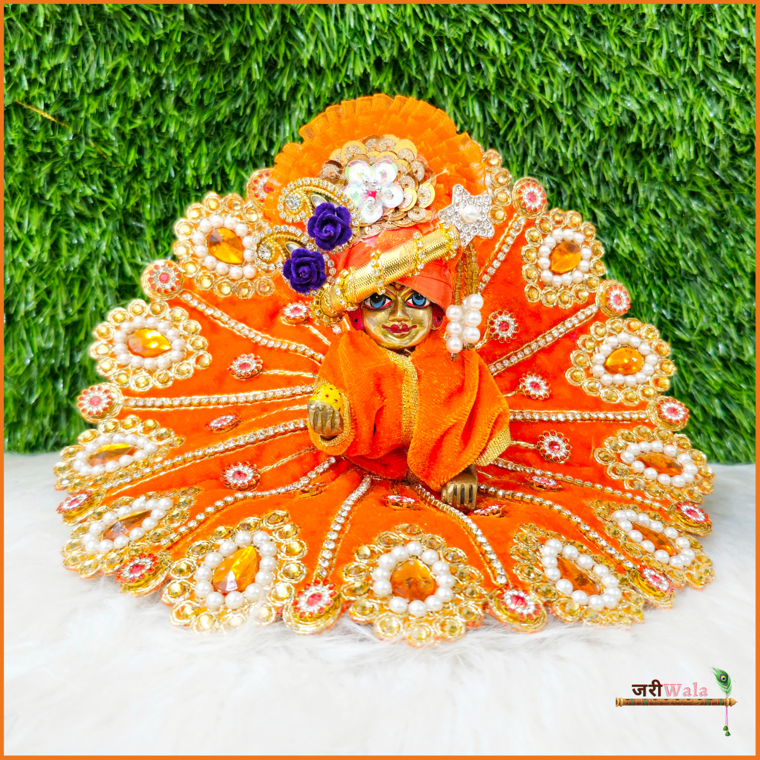 Handmade Orange Laddu Gopal Dress with Shaneel Moti Stone Work | Designer Kanha Ji Poshak for Janmashtami | Fancy Bal Gopal & Krishna Ji Dress