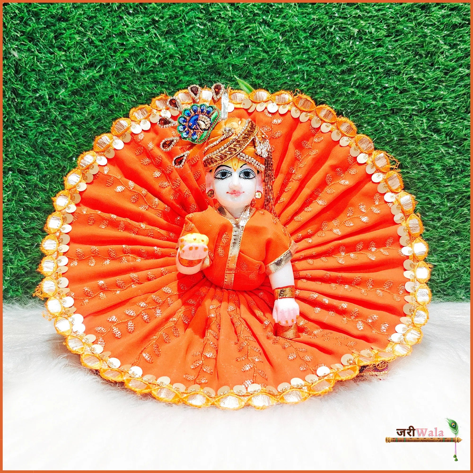 Handmade Cotton Thread Sitara Work Orange Laddu Gopal Dress | Fancy Kanha Ji Poshak for Janmashtami | Designer Bal Gopal & Krishna Ji Dress