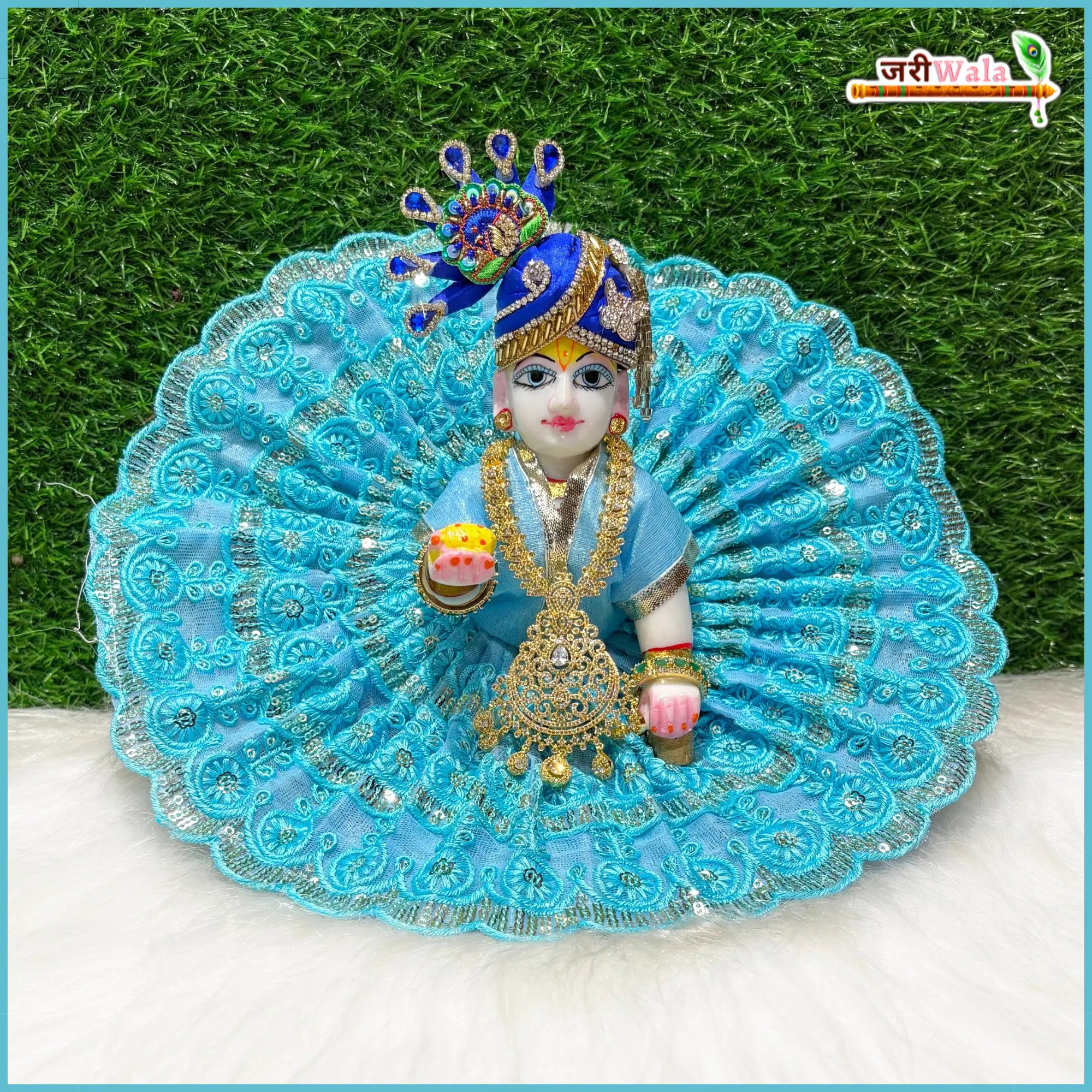 Handmade Sky Blue Laddu Gopal Dress with Embroidery Net Thread & Sitara Work | Designer Kanha Ji Poshak for Janmashtami & Festivals