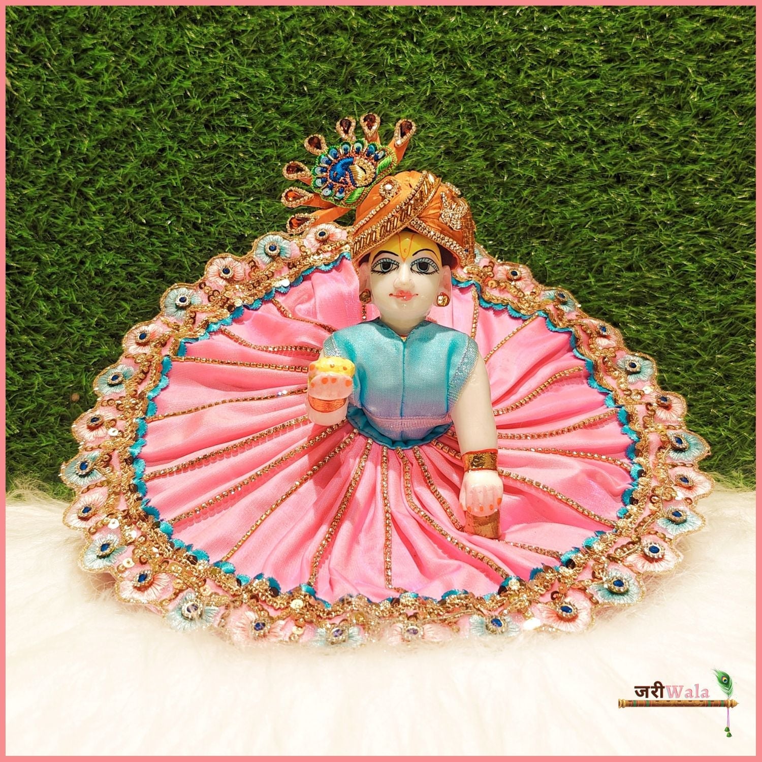 Handmade Baby Pink Blended Lace Laddu Gopal Dress with Patka - Designer Kanha Ji Poshak for Janmashtami, Fancy Bal Gopal Dress