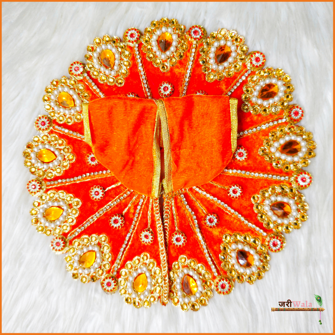 Handmade Orange Laddu Gopal Dress with Shaneel Moti Stone Work | Designer Kanha Ji Poshak for Janmashtami | Fancy Bal Gopal & Krishna Ji Dress