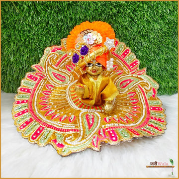Handmade Shaneel Lace Moti Work Golden Laddu Gopal Dress | Fancy Kanha Ji Poshak for Janmashtami | Designer Bal Gopal & Krishna Ji Dress