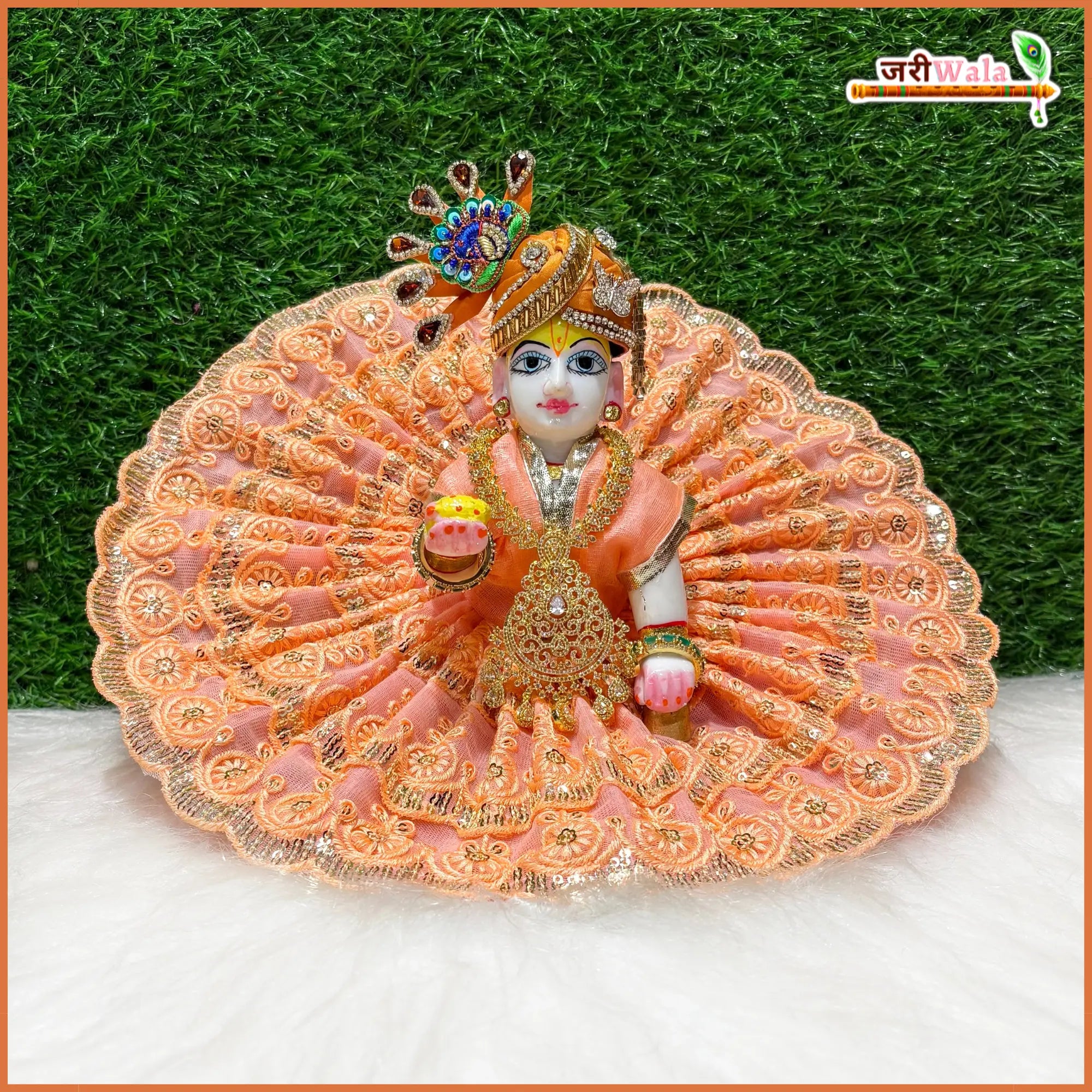 Handmade Peach Embroidery Net Thread Laddu Gopal Dress | Designer Kanha Ji Poshak for Janmashtami | Fancy Bal Gopal & Krishna Ji Dress