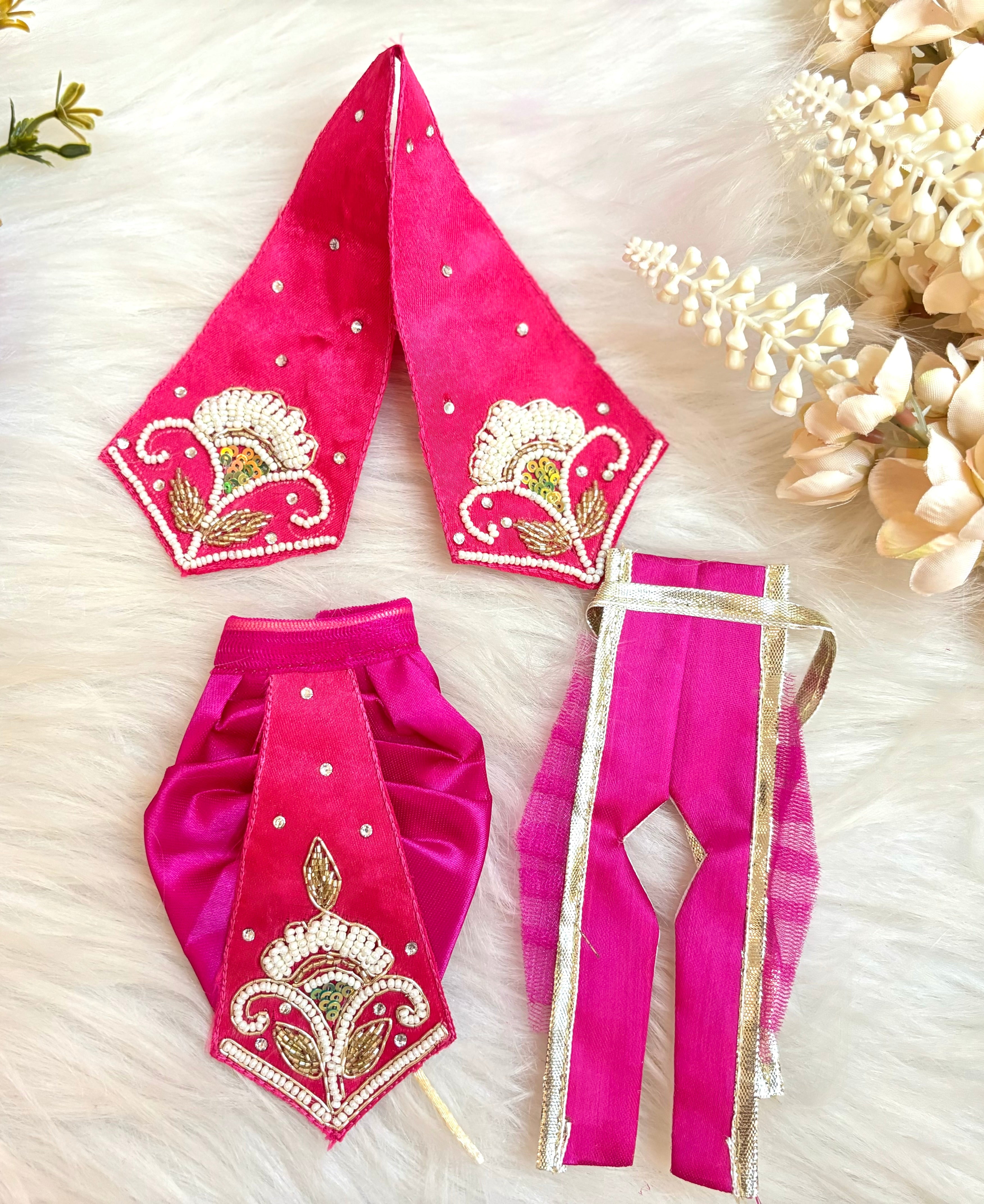Designer Pink Pearl & Sequence Lehenga & Dhoti Set for Laddu Gopal - 6 Piece Kanha Ji Poshak, Bal Gopal Dress for Janmashtami Festival