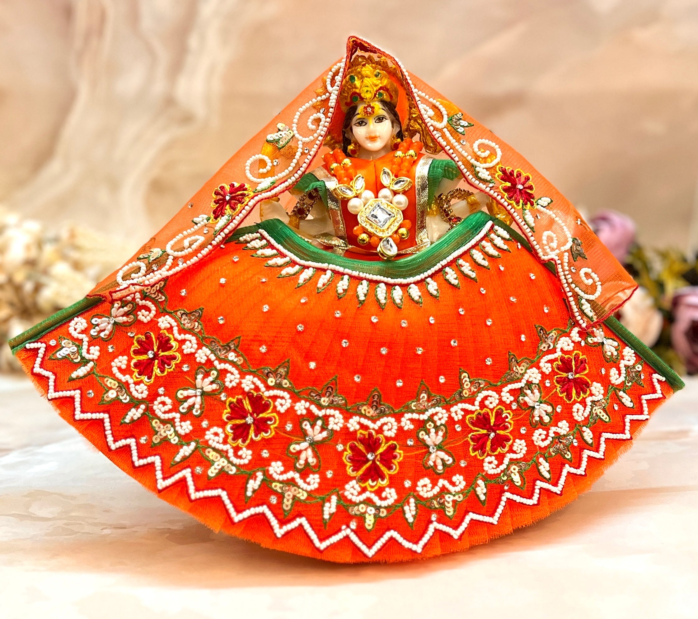 Handmade Luxe Mata Rani Kesari Pearl Lehenga Set - Designer 3-Piece Dress for Laddu Gopal, Kanha Ji, Bal Gopal & Krishna Ji - Perfect for Janmashtami Festival