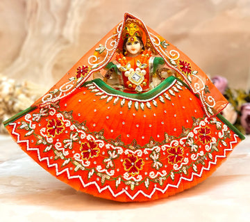 Handmade Luxe Mata Rani Kesari Pearl Lehenga Set - Designer 3-Piece Dress for Laddu Gopal, Kanha Ji, Bal Gopal & Krishna Ji - Perfect for Janmashtami Festival