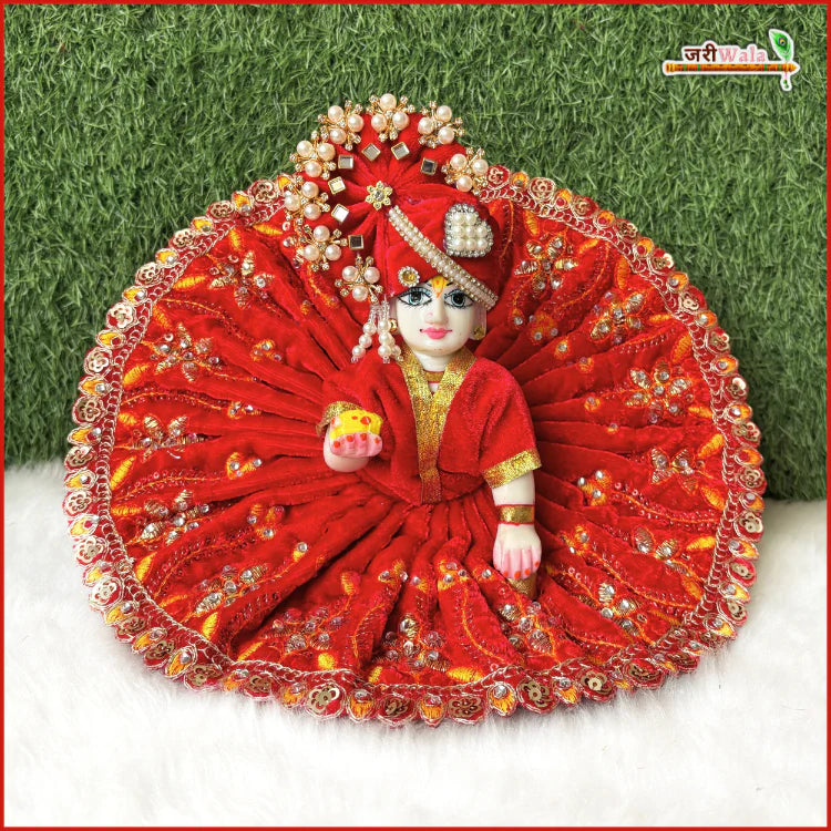 Handmade Designer Red Laddu Gopal Dress with Sitara Stone Work | Fancy Kanha Ji Poshak for Janmashtami & Festivals | Bal Gopal & Krishna Ji Dress