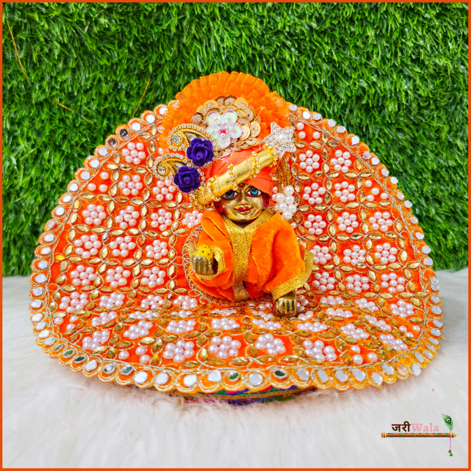 Handmade Shaneel Moti Mirror Work Orange Laddu Gopal Dress | Fancy Kanha Ji Poshak for Janmashtami | Designer Bal Gopal & Krishna Ji Dress