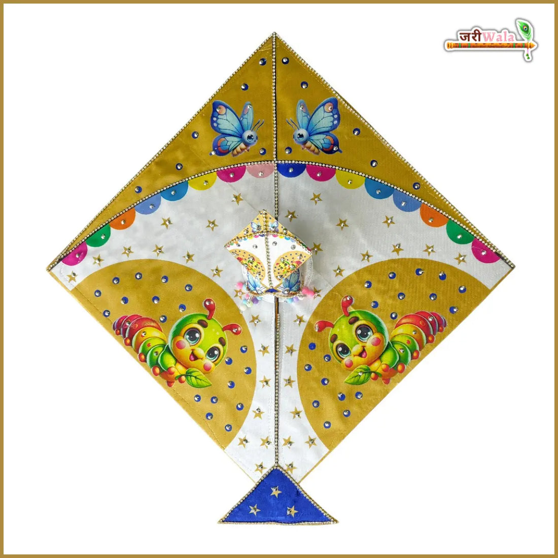 Designer Blended Fancy Kite Digital Print Jarkan Work Golden Poshak with Pagdi & Patka for Laddu Gopal, Kanha Ji, Bal Gopal & Krishna Ji - Perfect for Janmashtami
