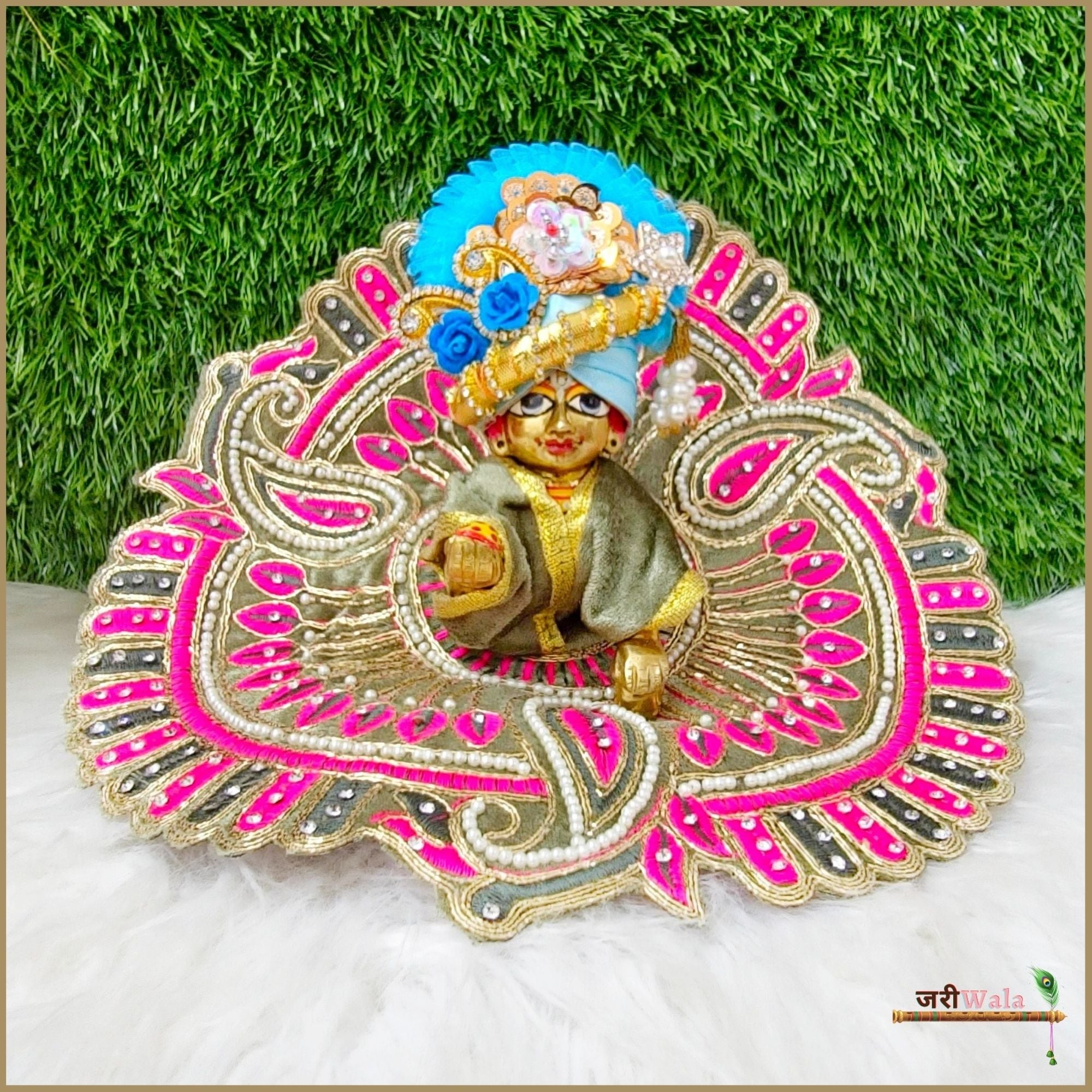 Handmade Olive Green Laddu Gopal Dress with Lace Moti Work | Designer Kanha Ji Poshak for Janmashtami | Fancy Bal Gopal Dress