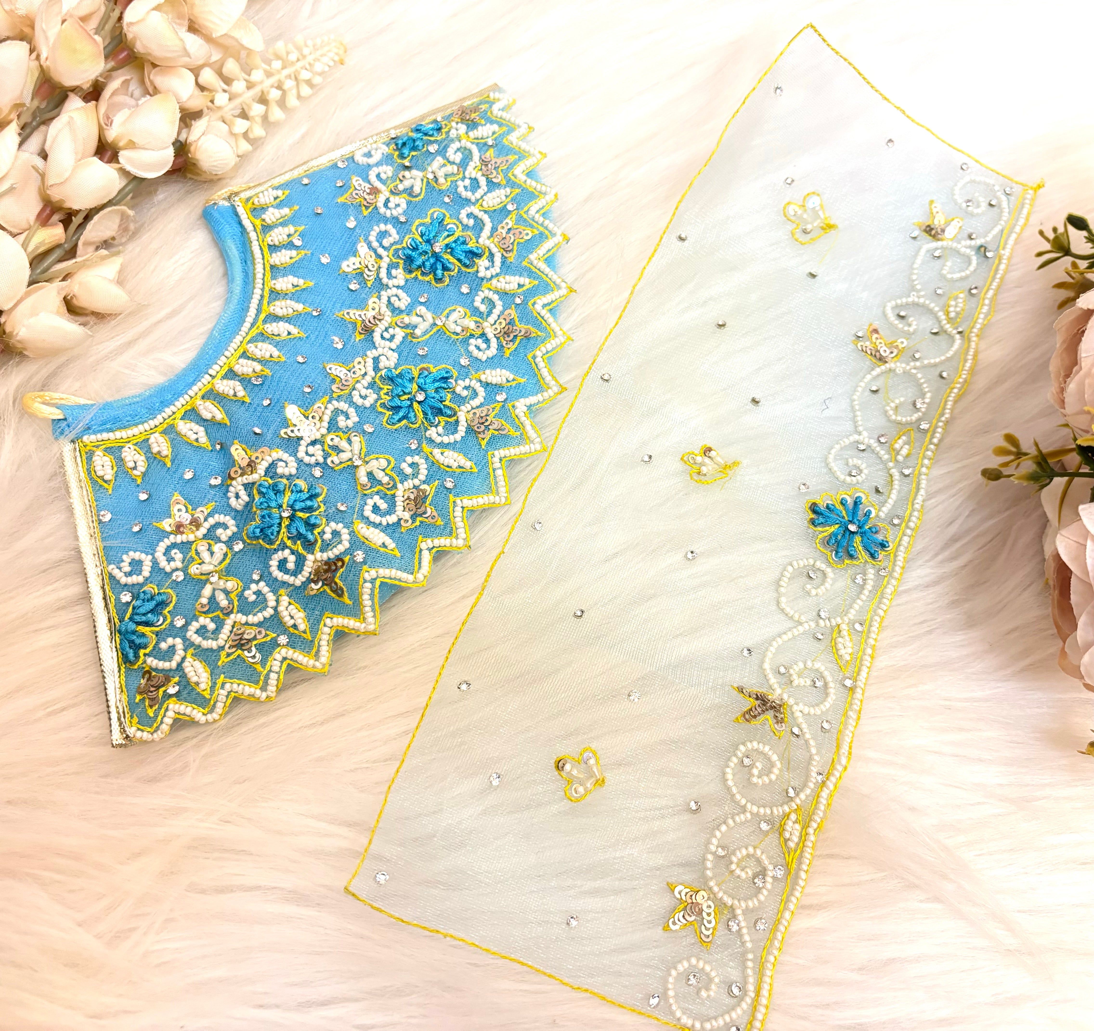 Luxe Handmade Sky Blue Pearl Lehenga Set - Designer Choli & Dupatta for Laddu Gopal Dress, Kanha Ji Poshak, Bal Gopal Dress, Janmashtami Festival