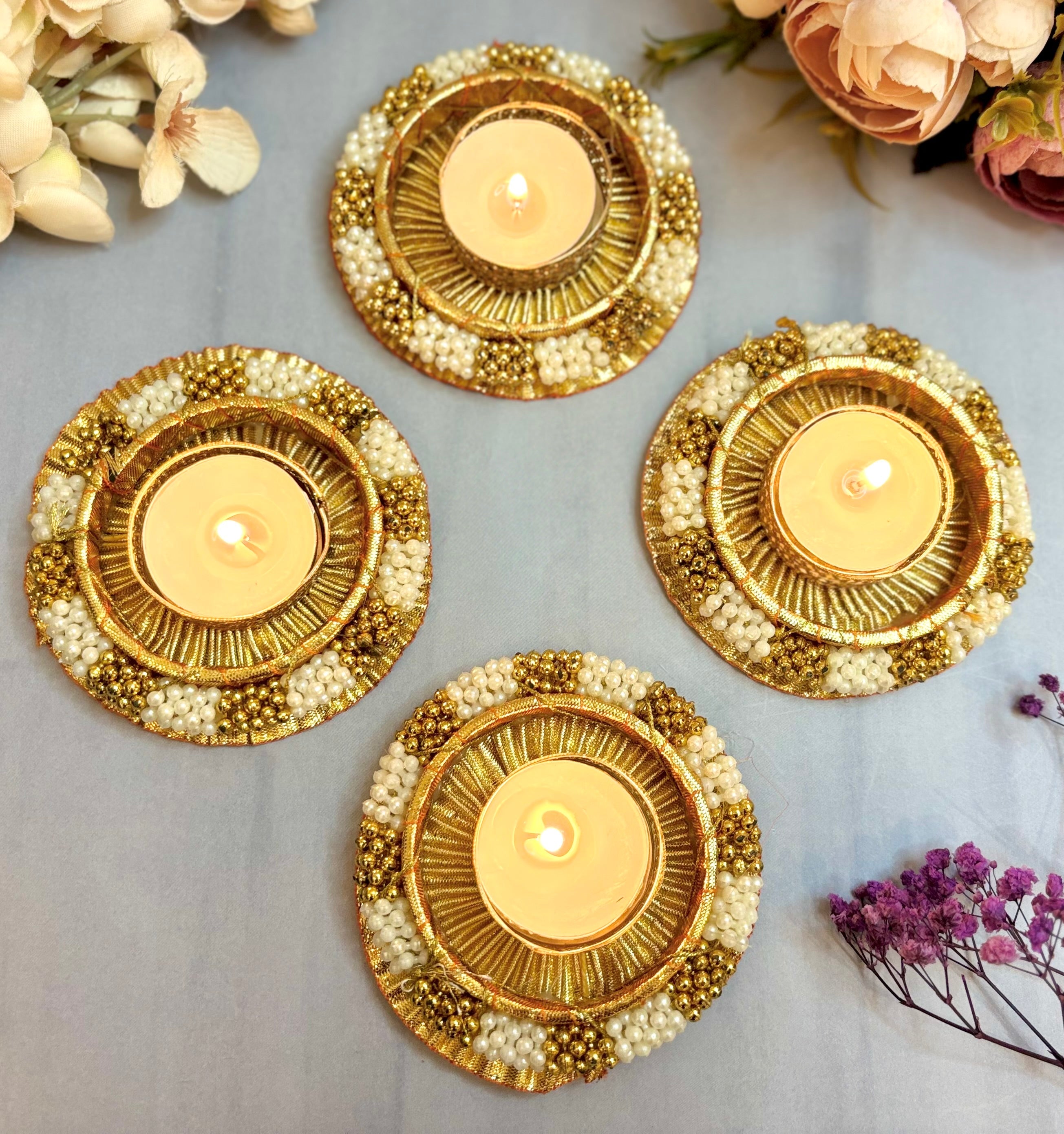 Handmade Golden Pearl Tealight Holders - Set of 4 for Janmashtami Celebrations | Perfect for Laddu Gopal Dress, Kanha Ji Poshak & Bal Gopal Decor