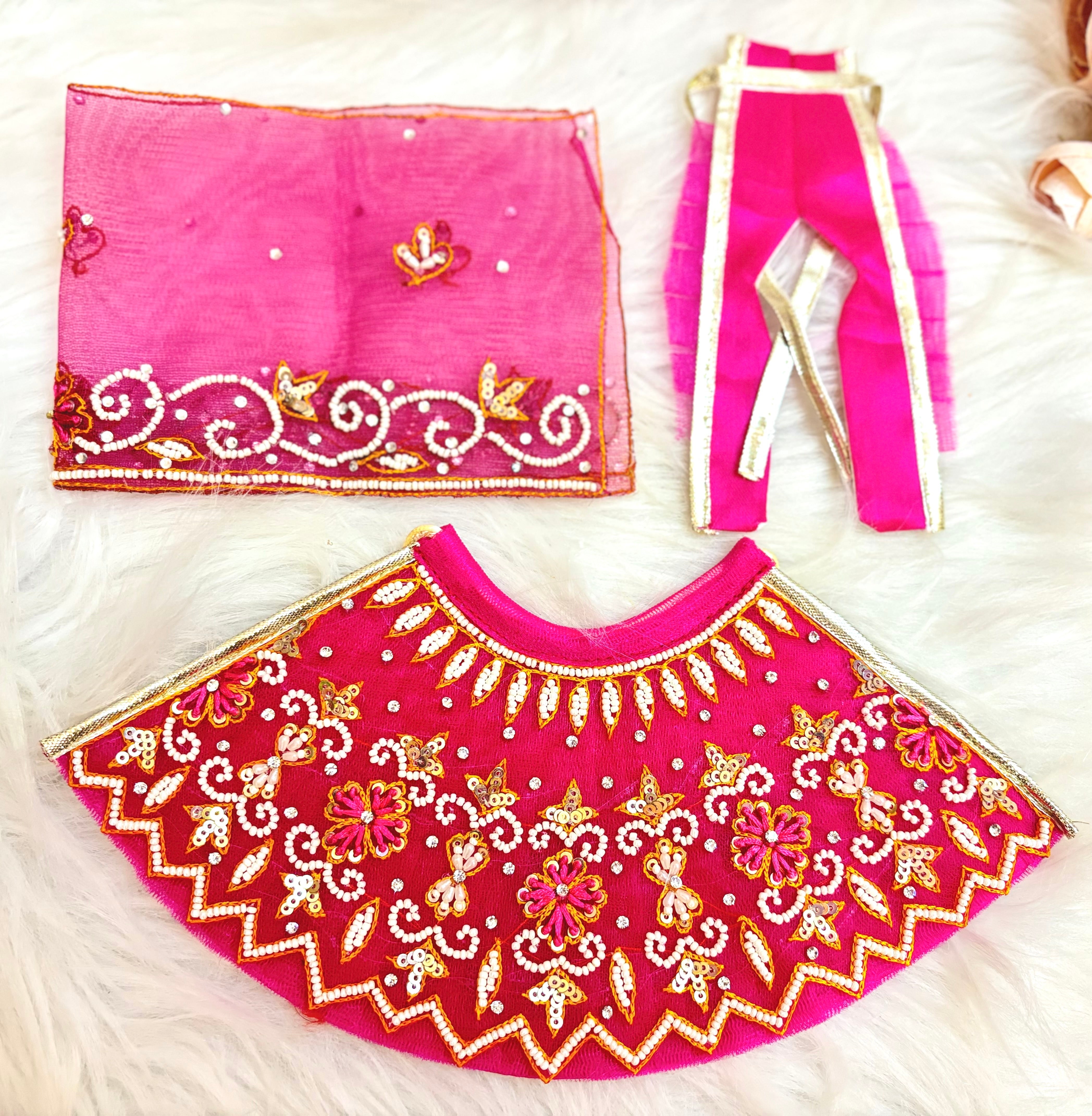 Handmade Luxe Magenta Pearl Lehenga & Dhoti Set - 6 Piece Designer Dress for Laddu Gopal, Kanha Ji, Bal Gopal & Krishna Ji - Perfect for Janmashtami Festival