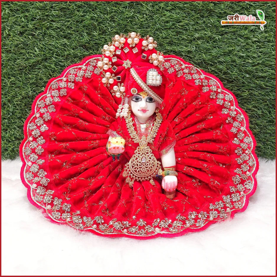 Handmade Designer Red Laddu Gopal Poshak with Sitara Stone Work | Fancy Kanha Ji Dress for Janmashtami | Bal Gopal & Krishna Ji Dress