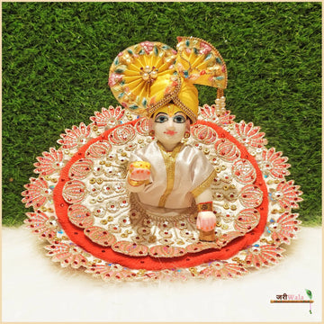 Handmade Designer Blended Frill Thread Lace Work Cream & Orange Laddu Gopal Dress | Fancy Kanha Ji Poshak for Janmashtami & Festivals