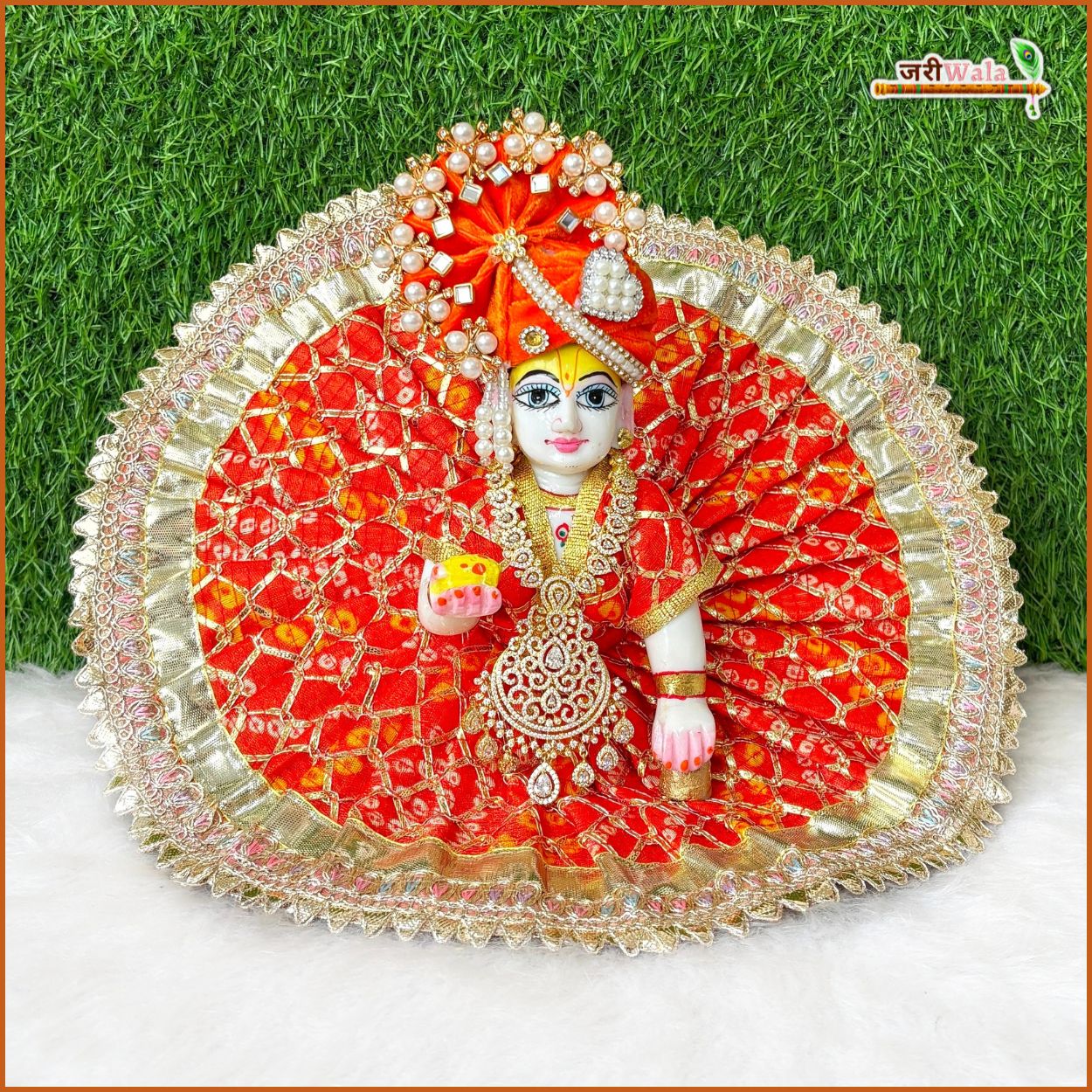 Handmade Bandhej Lace Work Orange Laddu Gopal Dress | Designer Kanha Ji Poshak for Janmashtami | Fancy Bal Gopal Dress & Krishna Ji Outfit