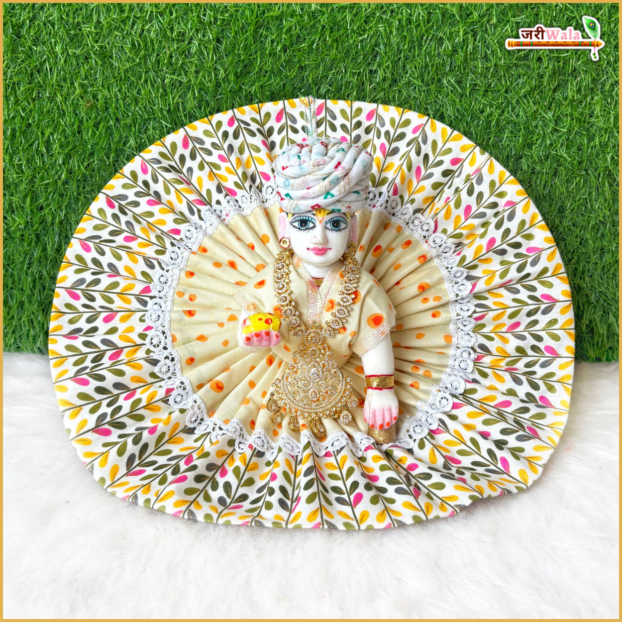 Handmade Designer Cotton Leaf Print Yellow Laddu Gopal Poshak | Fancy Bal Gopal Dress for Janmashtami & Festivals | Kanha Ji Dress
