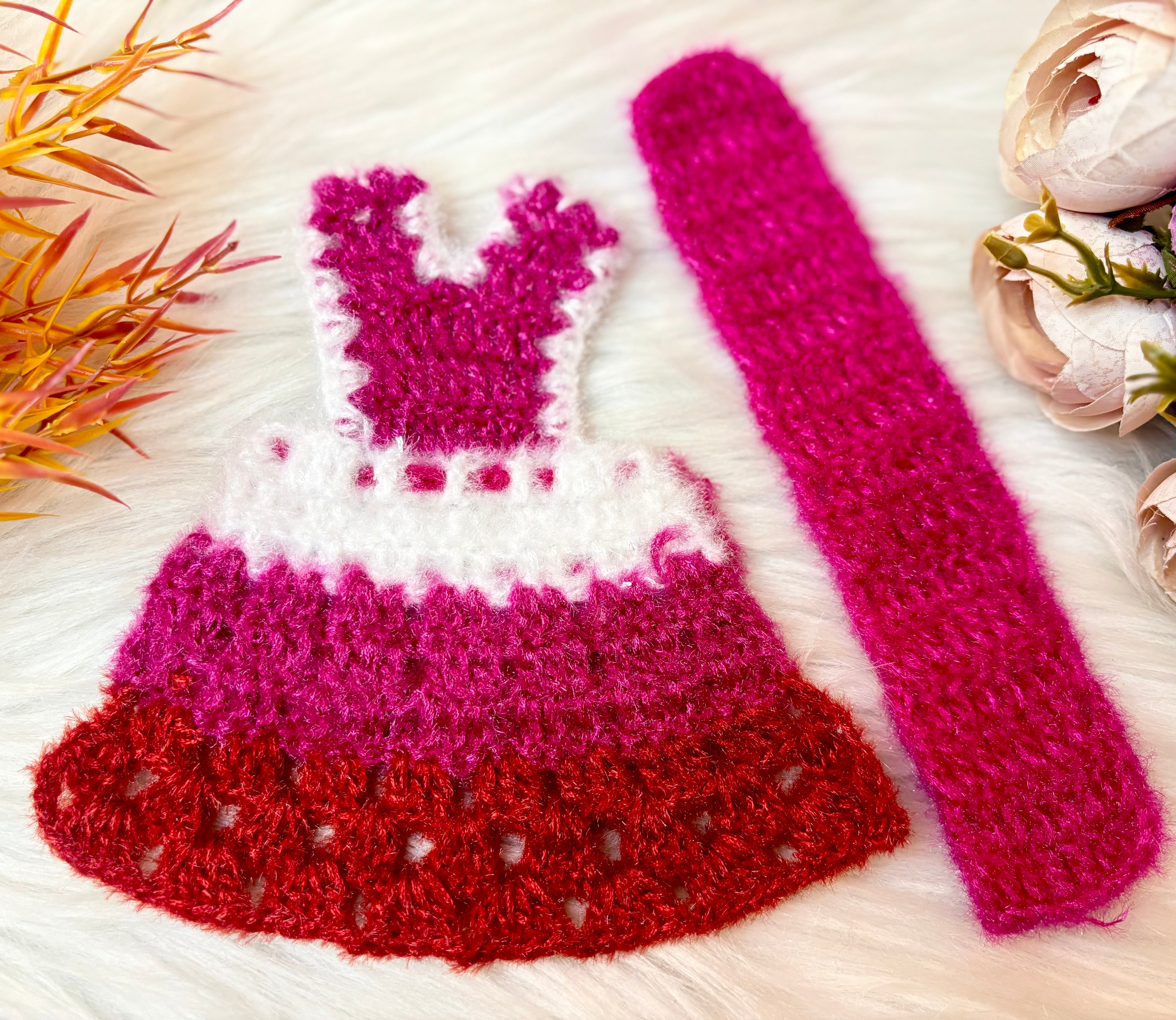 Handmade Pink & Red Woollen Lehenga Choli & Patka Set for Laddu Gopal Dress – Designer Kanha Ji Poshak for Janmashtami & Festivals