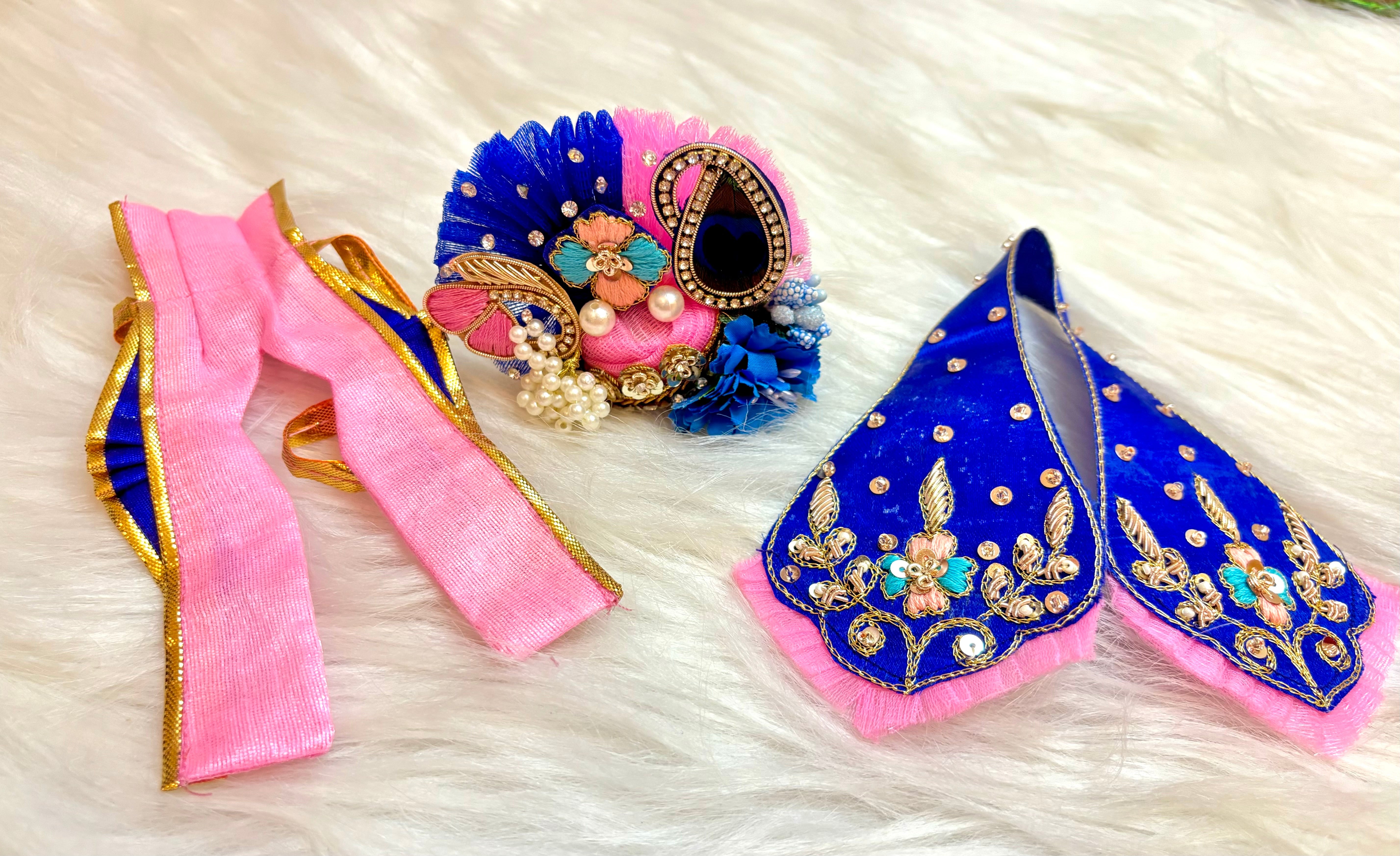 Luxe Handmade Blue & Pink Peacock Hand Embroidered Laddu Gopal Dress - 4 Piece Designer Poshak Set for Janmashtami, Bal Gopal & Krishna Ji