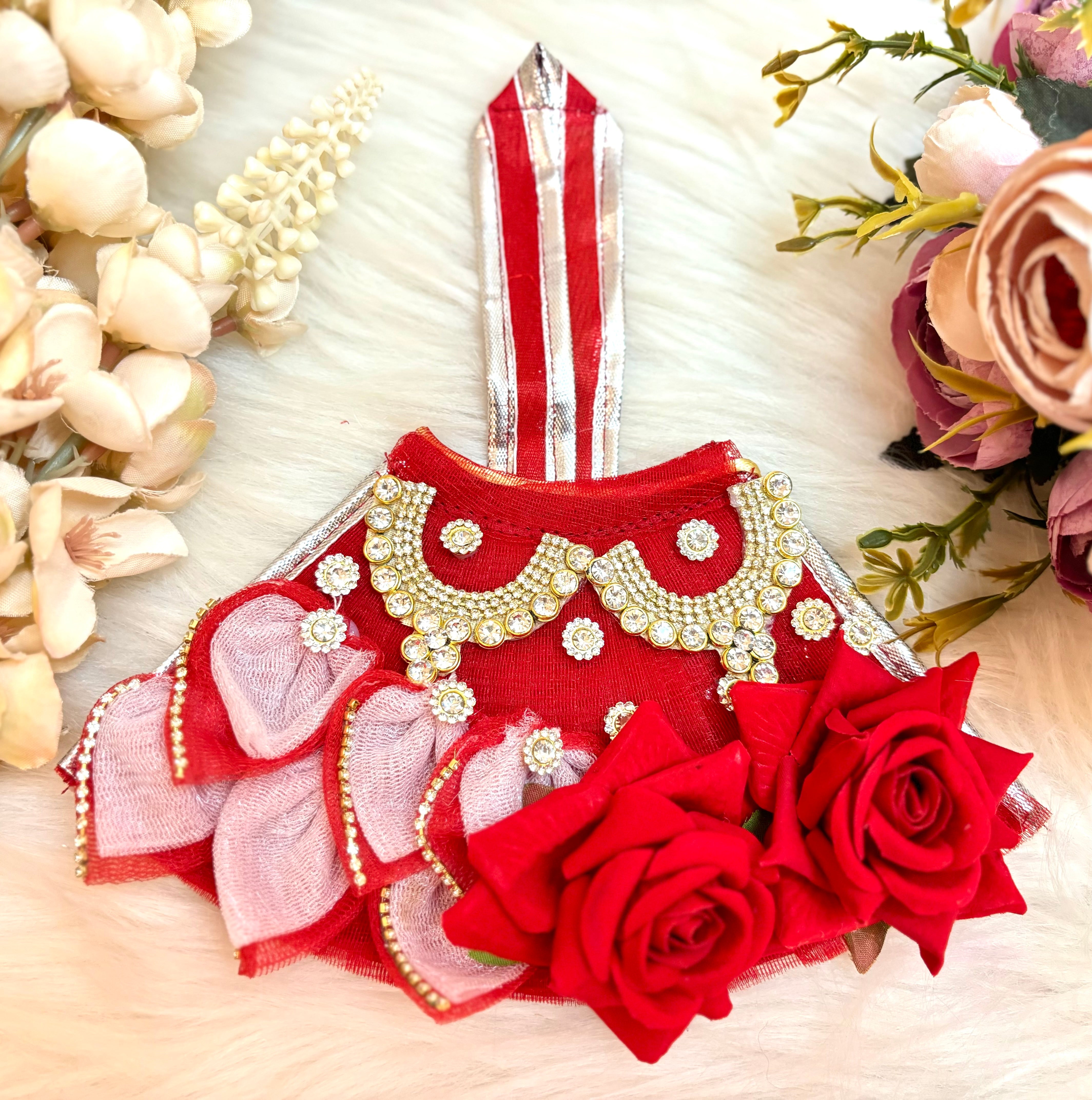 Handmade 7-Piece Red Rose Lehenga & Dhoti Set for Laddu Gopal | Designer Kanha Ji Poshak & Bal Gopal Dress for Janmashtami Festival
