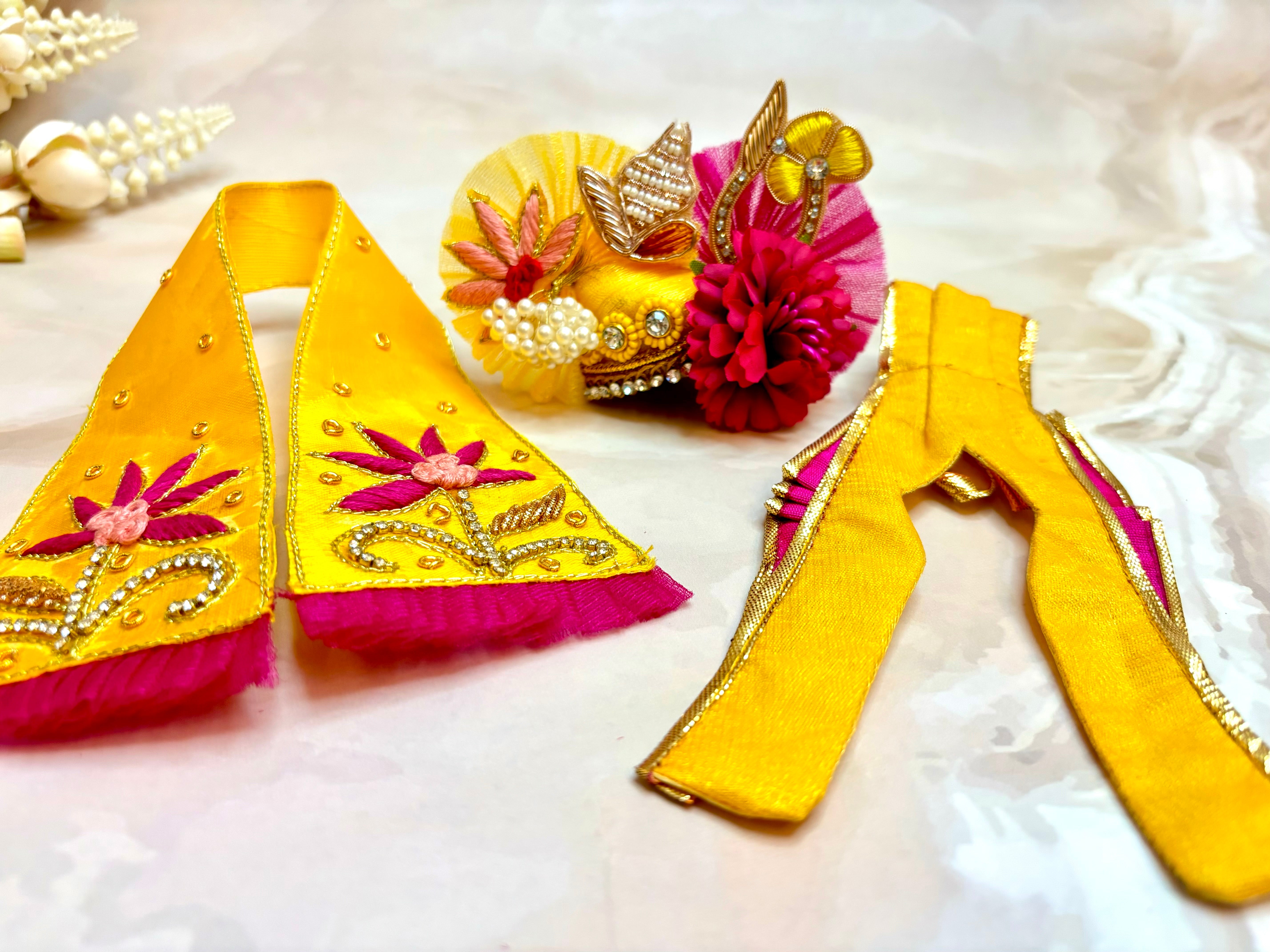 Luxe Hand-Embroidered Laddu Gopal Dress Set - Yellow & Pink Designer Poshak for Kanha Ji, Bal Gopal & Krishna Ji - Perfect for Janmashtami Celebrations