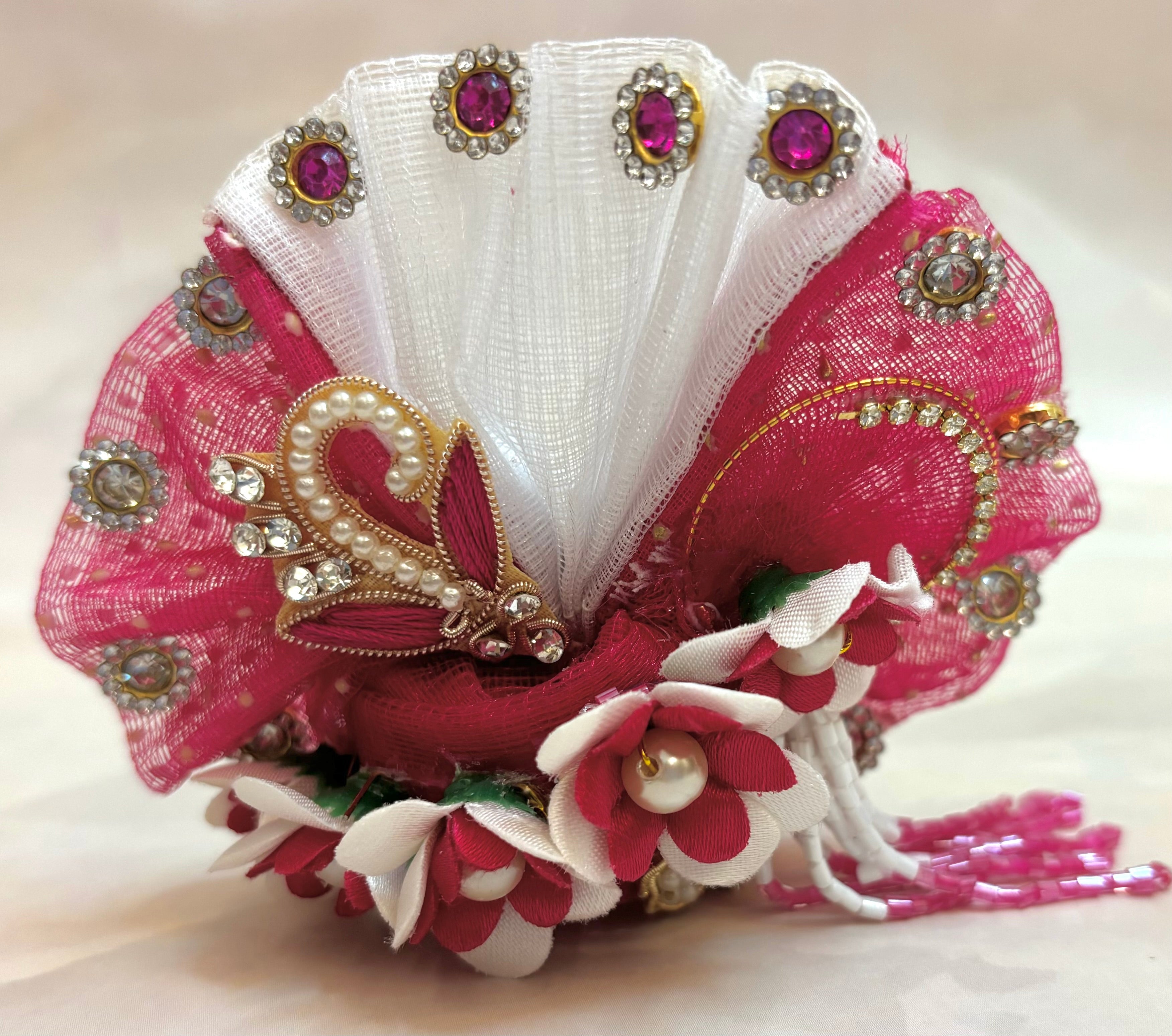 Handmade Luxe Magenta Pearl Laddu Gopal Dress Set - 4 Piece Designer Poshak for Kanha Ji & Bal Gopal | Perfect for Janmashtami Celebrations