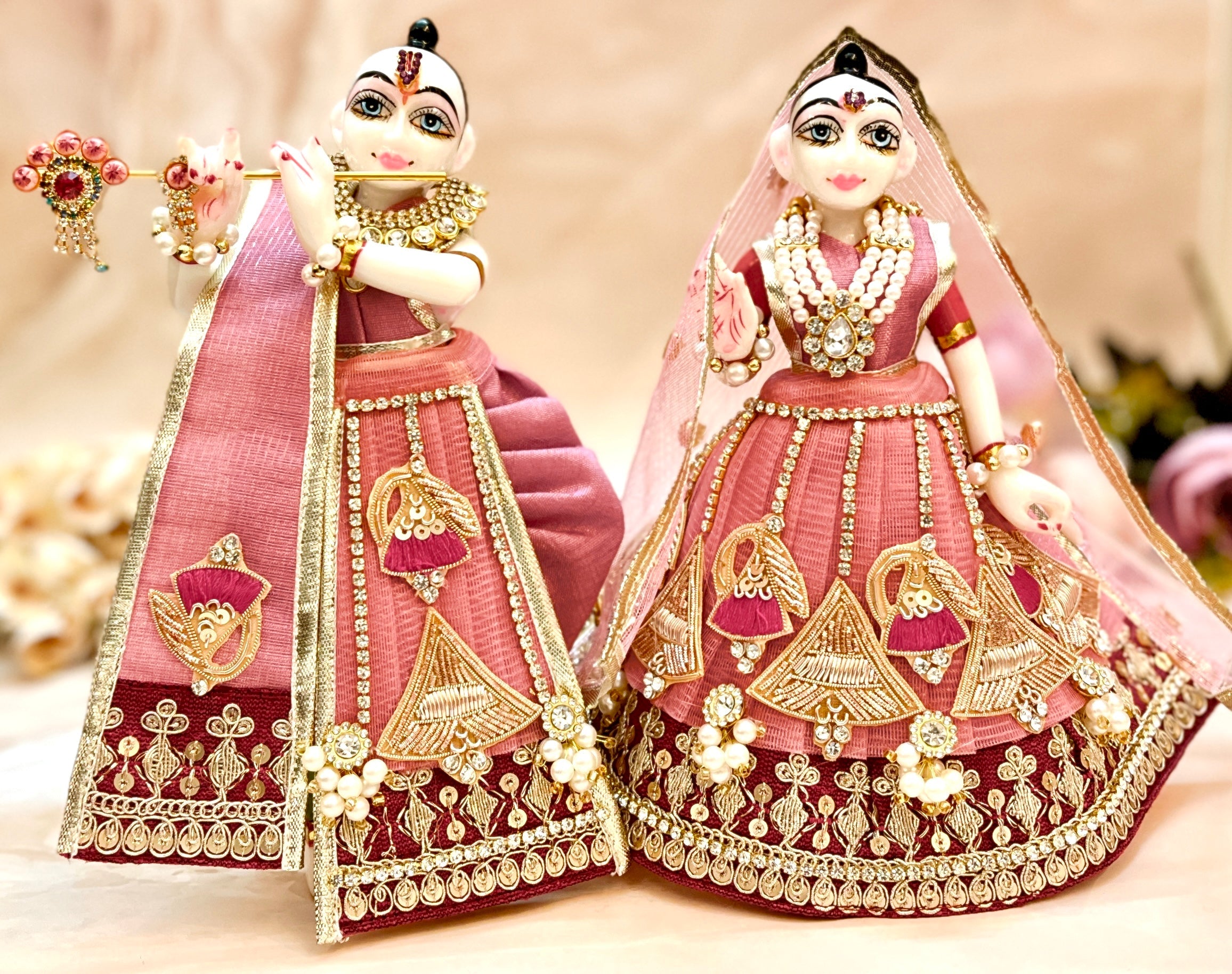 Handmade Peach-Pink Divine Bells Lehenga & Dhoti Set for Laddu Gopal | Designer Kanha Ji Poshak | Bal Gopal & Krishna Ji Dress - 6 Piece Festival Outfit