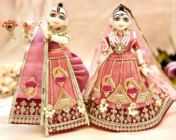 Handmade Peach-Pink Divine Bells Lehenga & Dhoti Set for Laddu Gopal | Designer Kanha Ji Poshak | Bal Gopal & Krishna Ji Dress - 6 Piece Festival Outfit