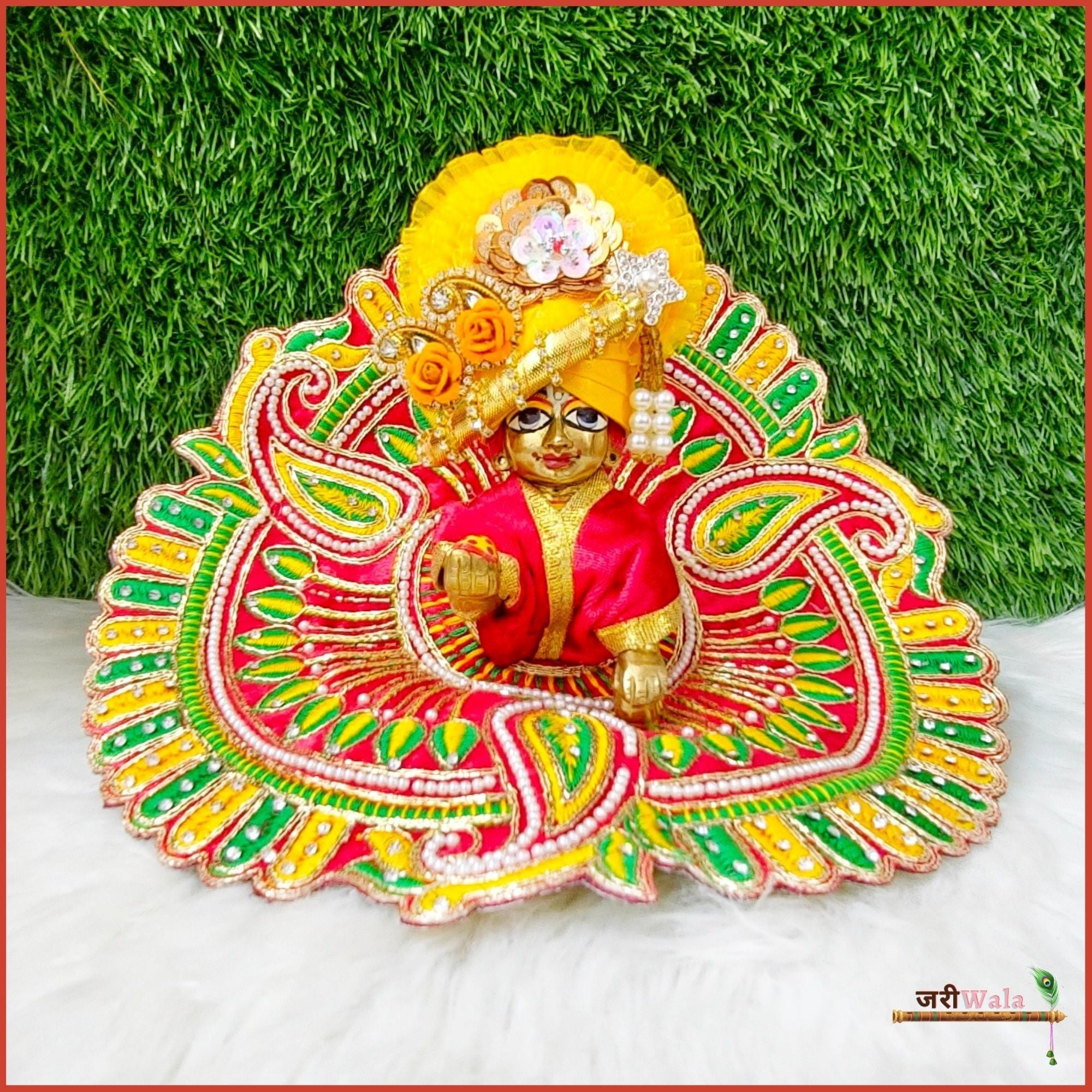 Handmade Shaneel Lace Moti Work Red Laddu Gopal Dress | Designer Kanha Ji Poshak for Janmashtami | Fancy Bal Gopal & Krishna Ji Dress