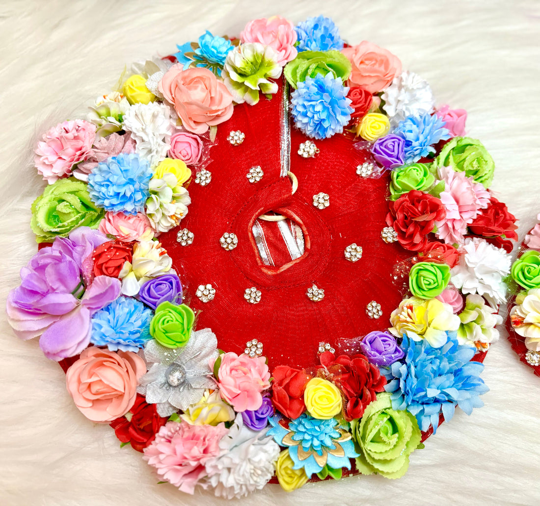 Handmade Red Multi-Flower Laddu Gopal Dress - Designer Kanha Ji Poshak for Janmashtami, Fancy Bal Gopal & Krishna Ji Dress