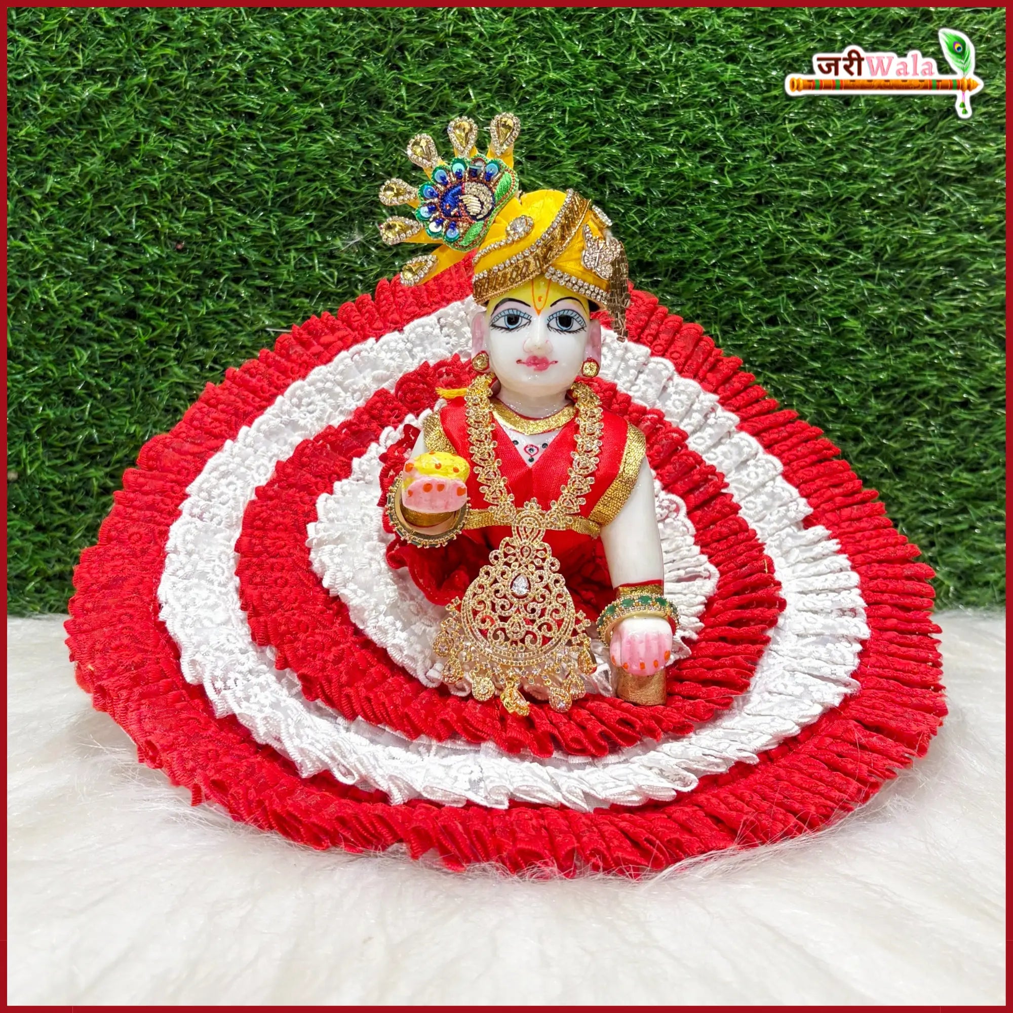 Handmade Red & White Designer Frill Poshak for Laddu Gopal | Fancy Kanha Ji Dress for Janmashtami | Bal Gopal & Krishna Ji Dress