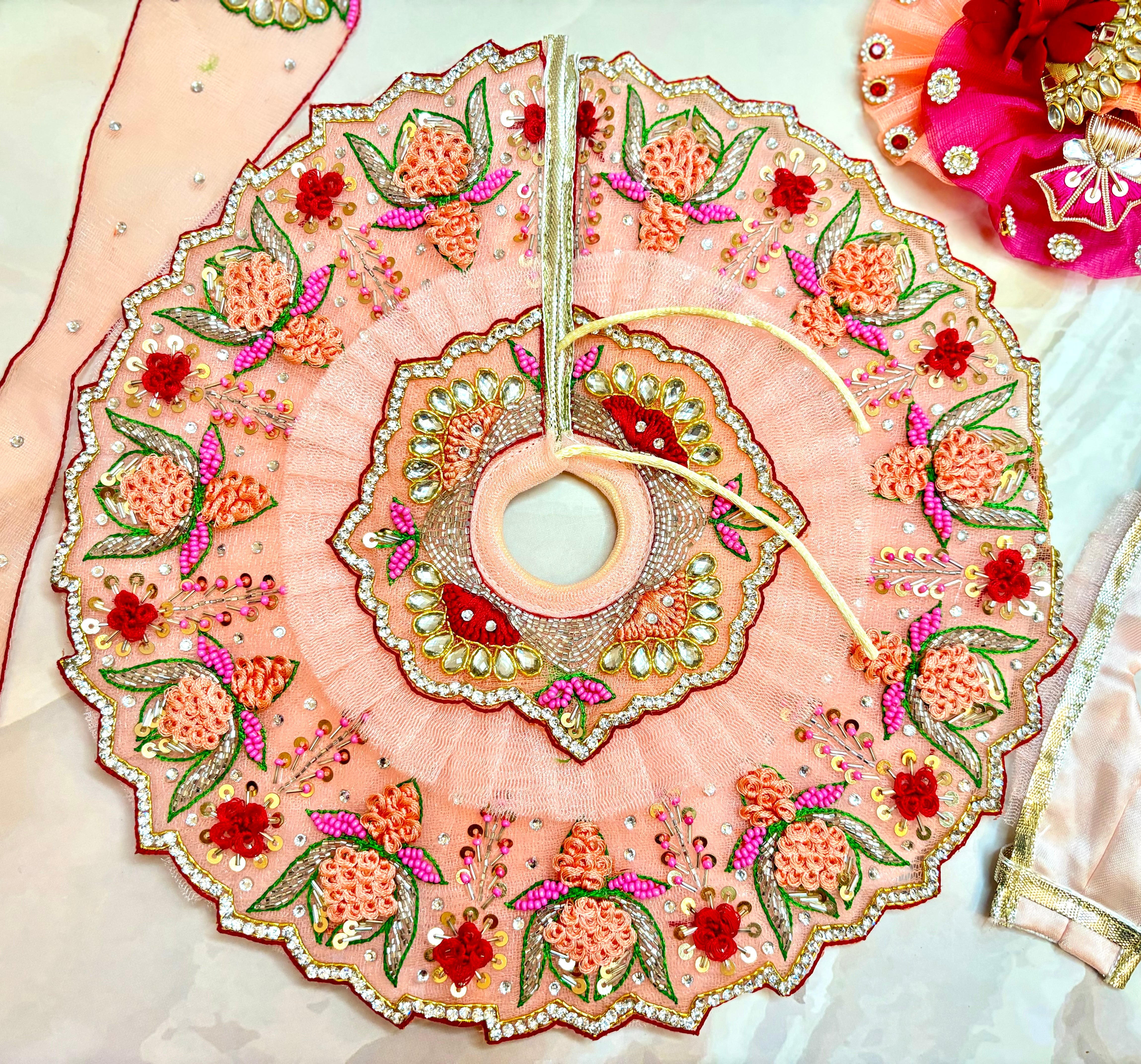 Handmade Luxe Peach Lotus Laddu Gopal Dress Set - 4 Piece Designer Poshak for Kanha Ji, Bal Gopal & Krishna Ji - Perfect for Janmashtami Festival