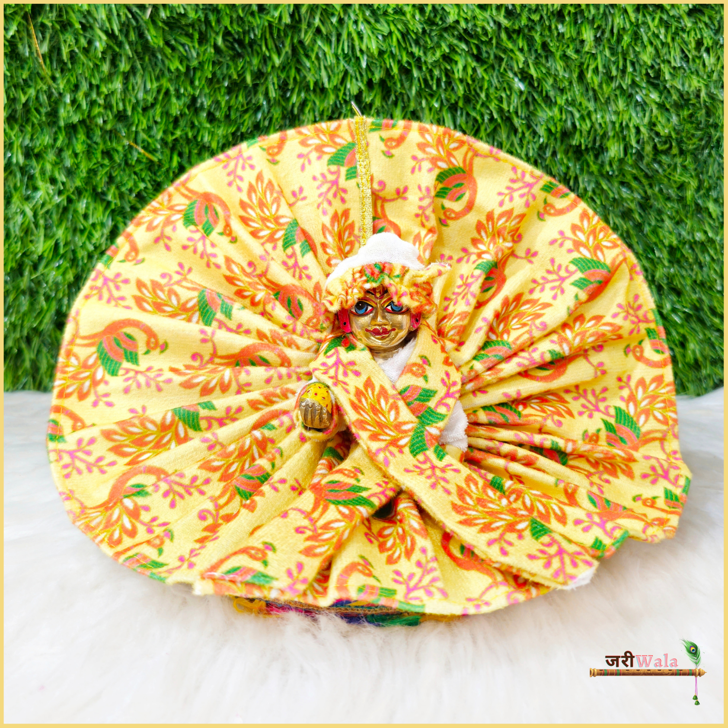 Handmade Floral Yellow Laddu Gopal Dress with Patka & Cap - Designer Kanha Ji Poshak for Janmashtami, Bal Gopal Fancy Dress