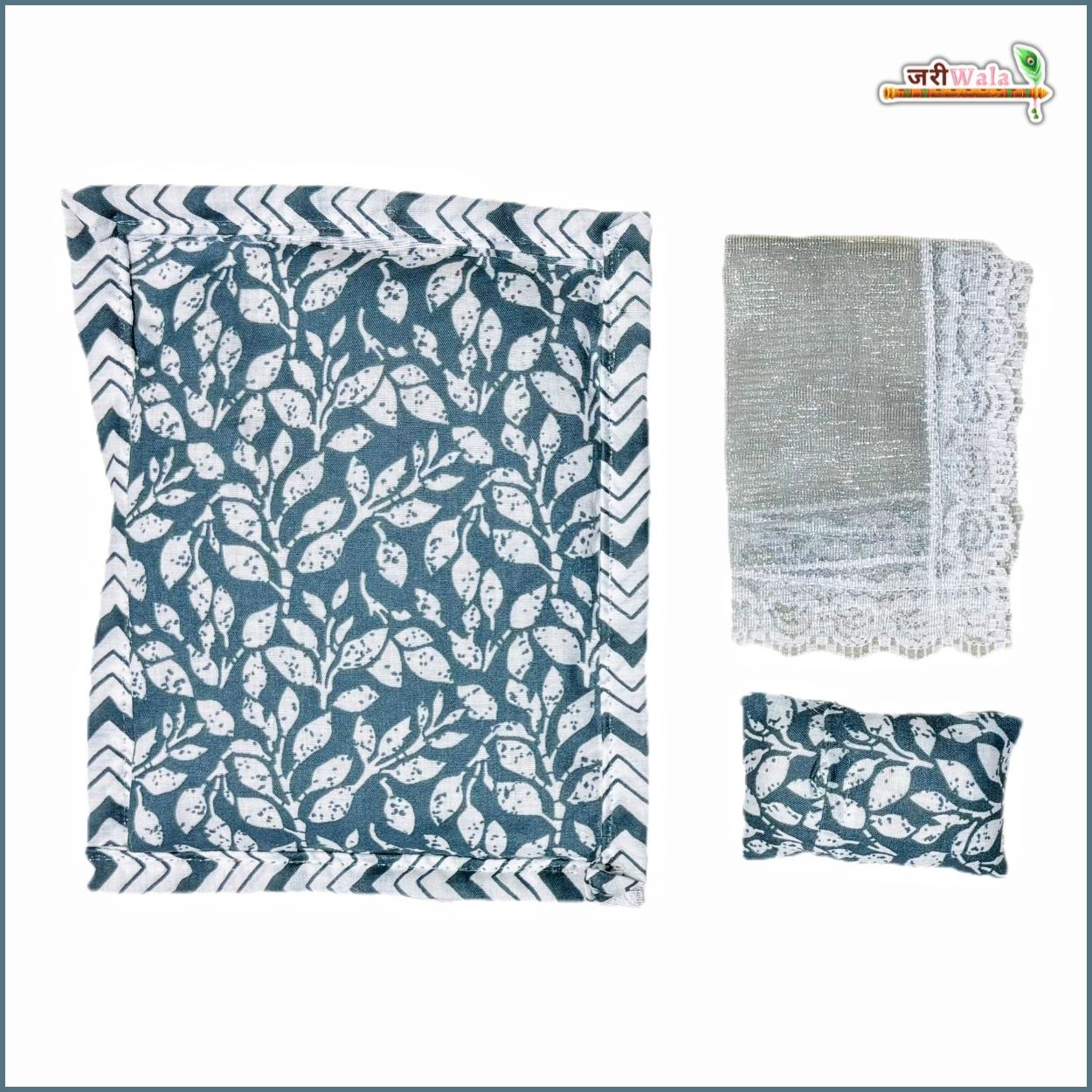 Cotton Leaf Printed 3 Piece Gadda Takia Set Grey