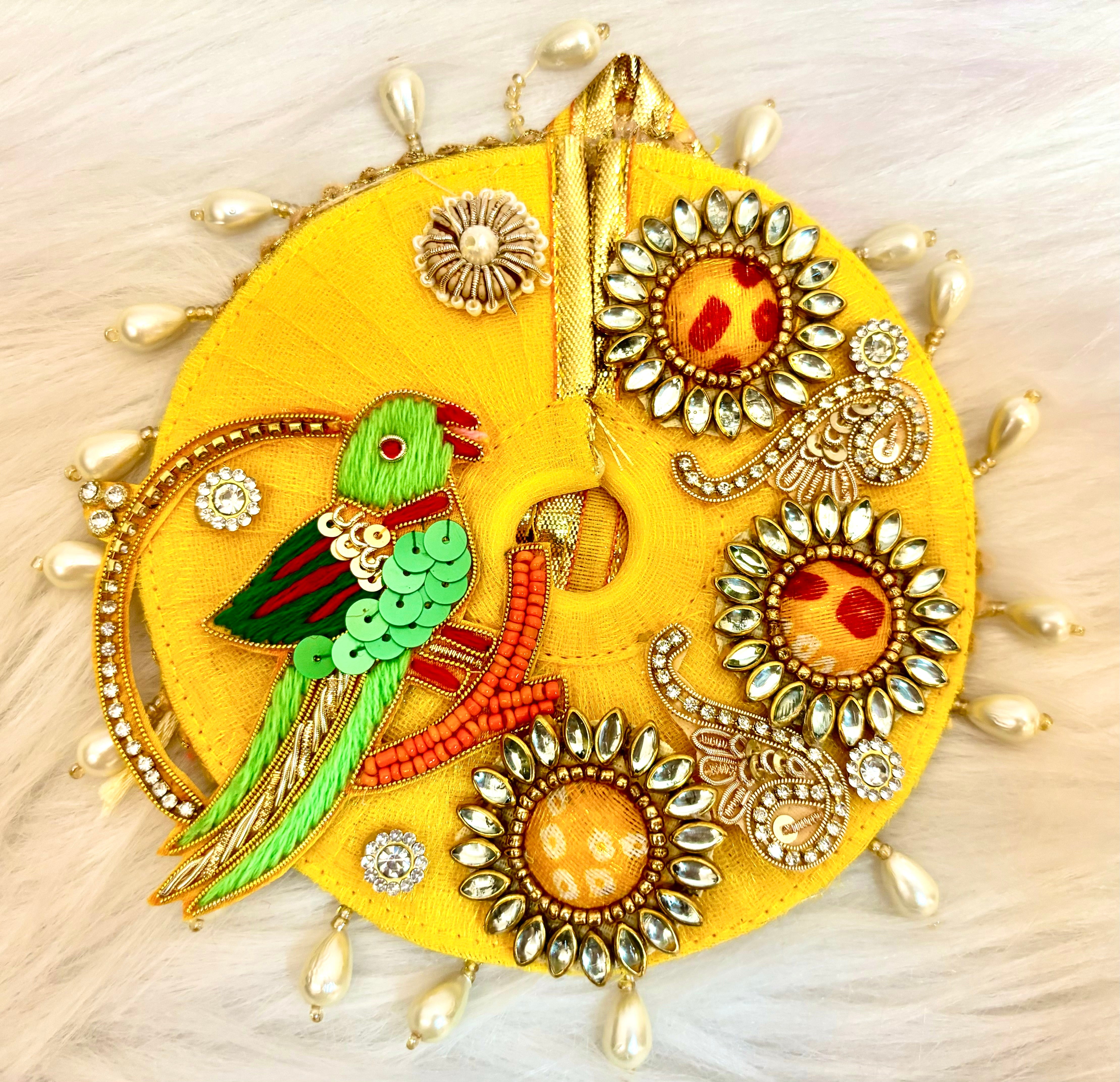 Handmade Yellow Parrot Laddu Gopal Dress - Designer Fancy Poshak for Janmashtami, Perfect for Kanha Ji, Bal Gopal & Krishna Ji Celebrations