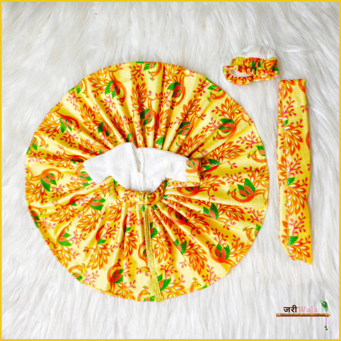 Handmade Shaneel Digital Print Floral Yellow Laddu Gopal Dress with Patka & Cap | Designer Kanha Ji Poshak for Janmashtami & Festivals